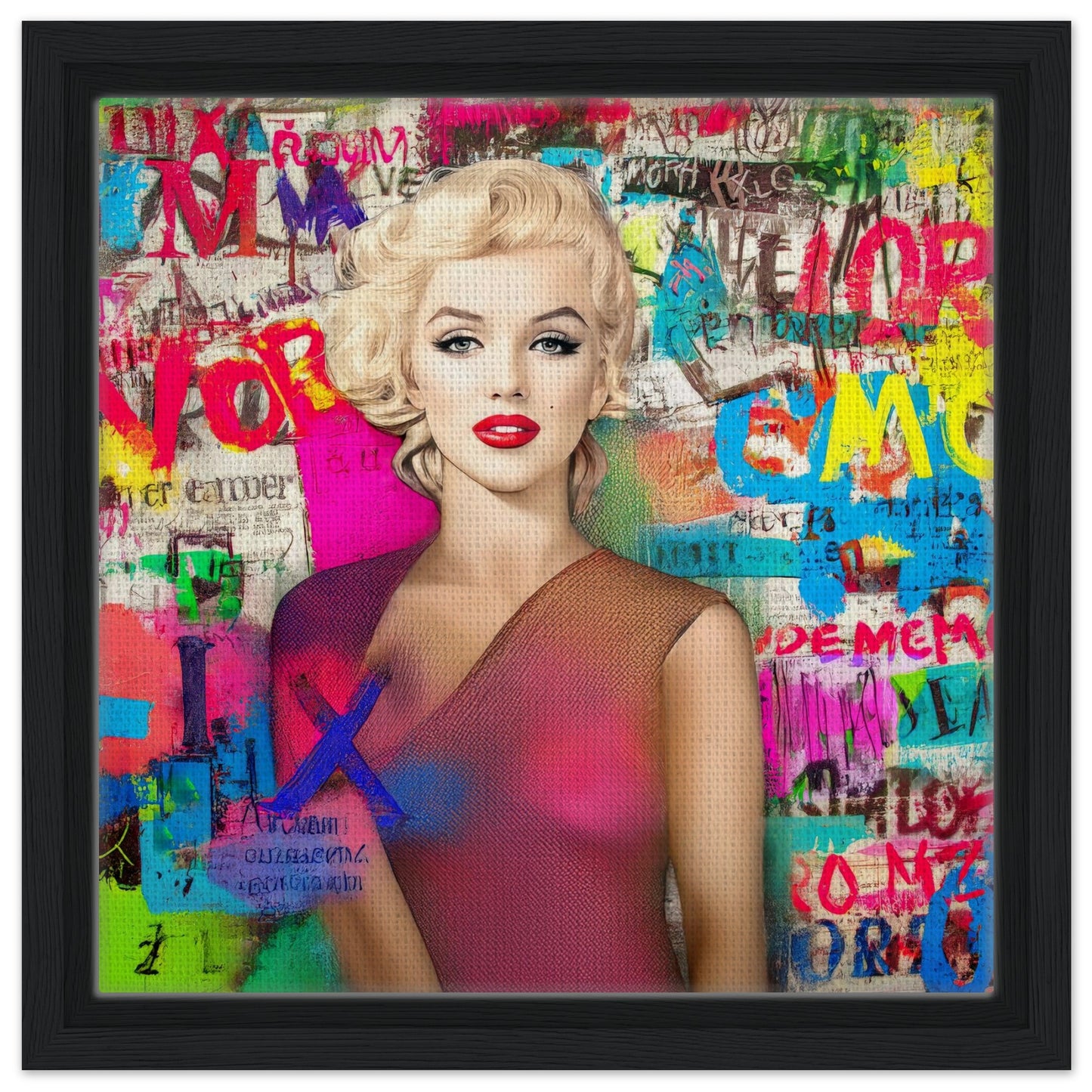 12x12 framed canvas of colorful artwork of marilyn monroe wearing a pink dress with graffiti-style letters. Marilyns Letter Chaos-Graphique Addictions.