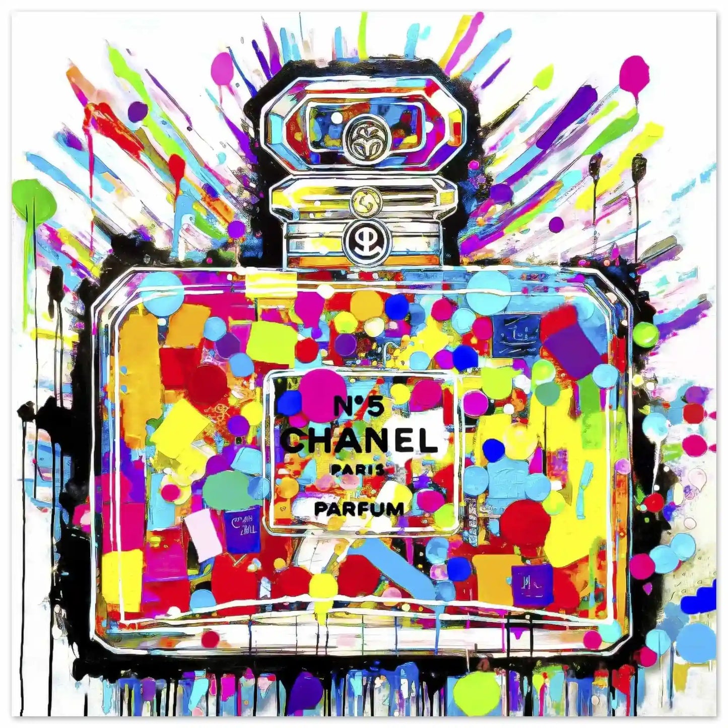 Chroma Scent Splatter: Aluminum print of Chanel No. 5 perfume, vibrant polka dots inside and paint splatters-Graphique Addictions.
