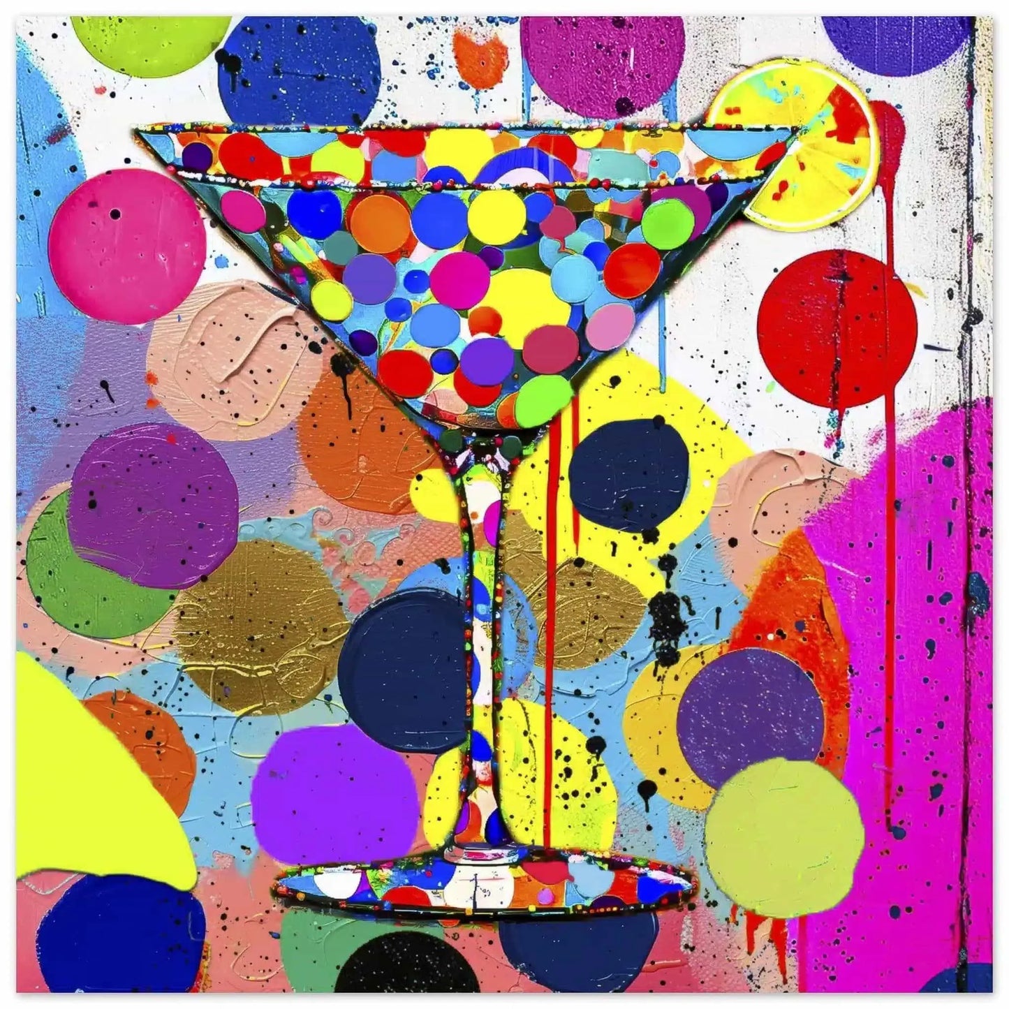 Aluminum art print of a multi-colored polka-dotted martini glass and colorful dots in the background. Titled: Dotted Martini Delight-Graphique Addictions.