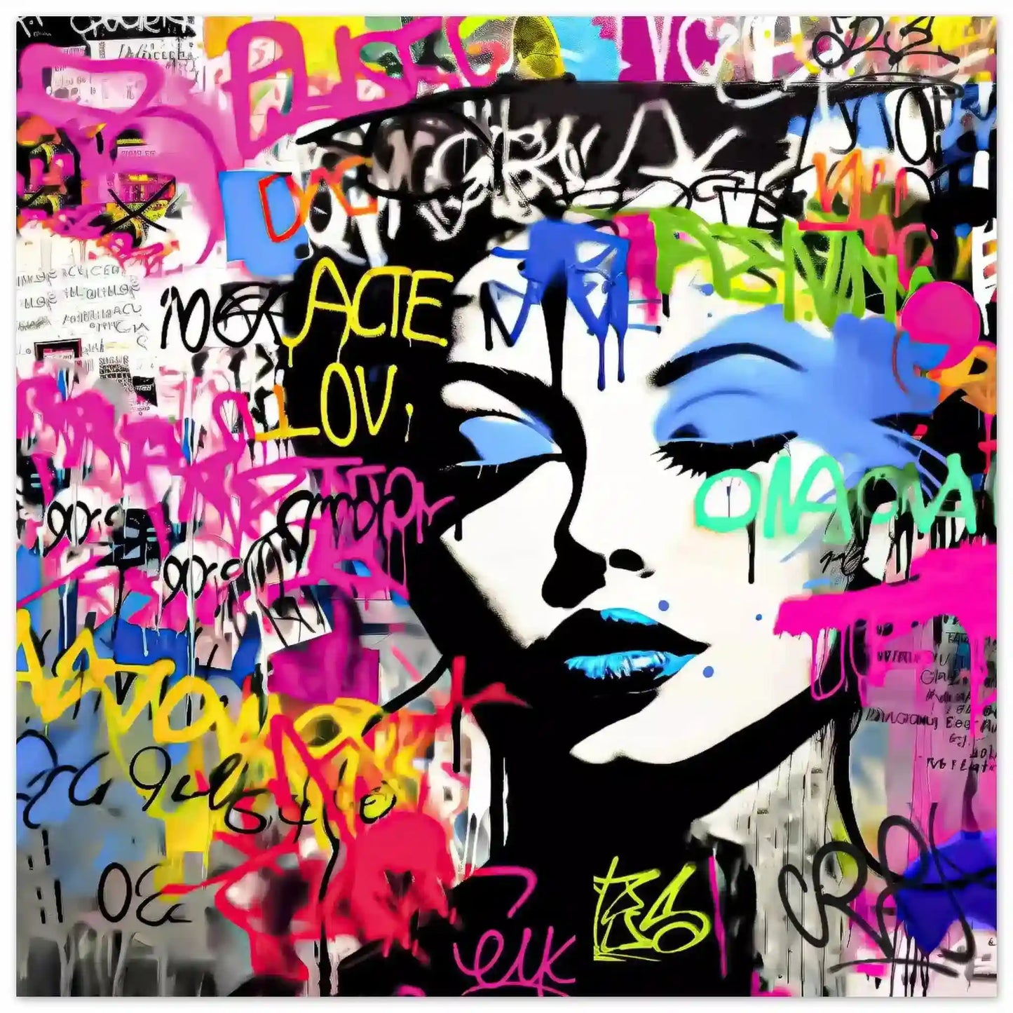 aluminum graffiti art print close-up of a woman’s face with her eyes closed wearing blue lipstick and eyeshadow surrounded by colorful graffiti text.