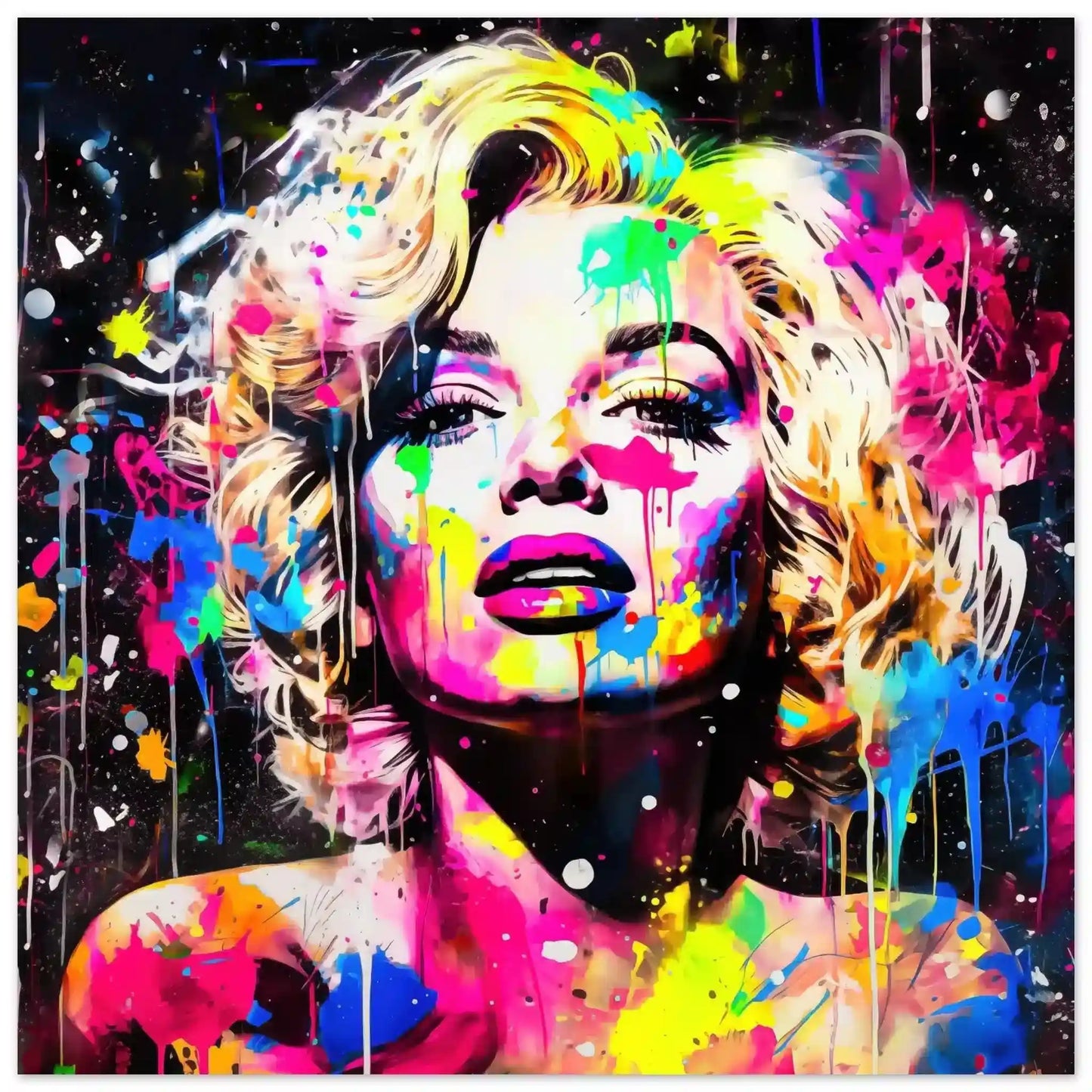 Aluminum print of Marilyn Monroe's face splattered with colorful paint. Marilyn's Splatter-Sensation-Graphique Addictions.