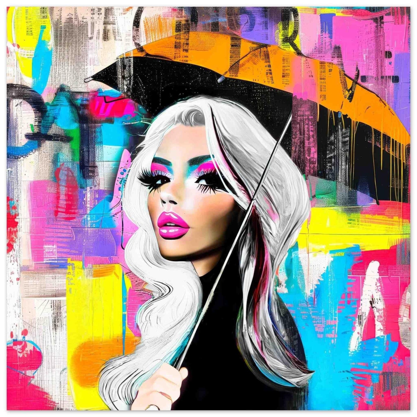 Aluminum print of Silver-haired woman holding an orange umbrella against a backdrop of multi-colored dripping graffiti textures. Neon Umbrella Diva-Graphique Addictions.