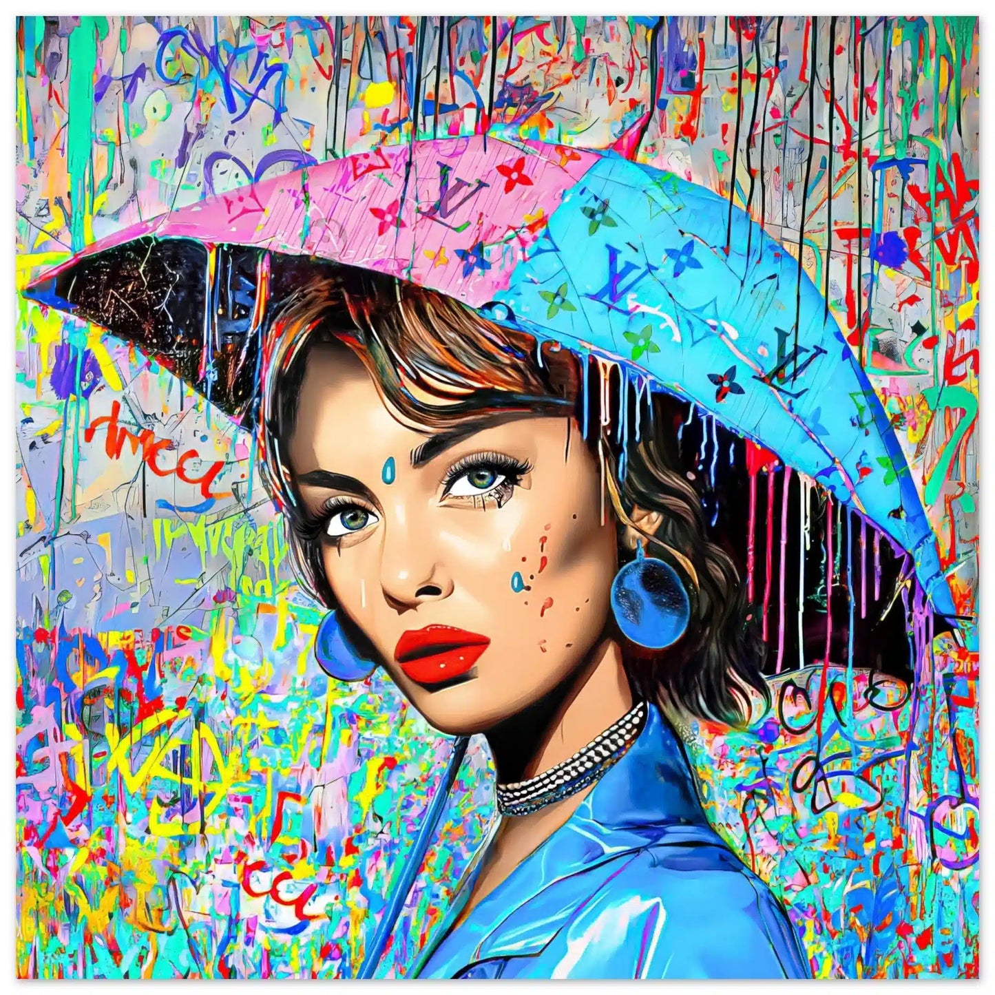 Aluminum print of Audrey Hepburn holding an umbrella decorated with graffiti and Louis Vuitton-inspired monogram and a backdrop with patterns of graffiti and dripping paint. Painted Rainfall-Graphique Addictions.