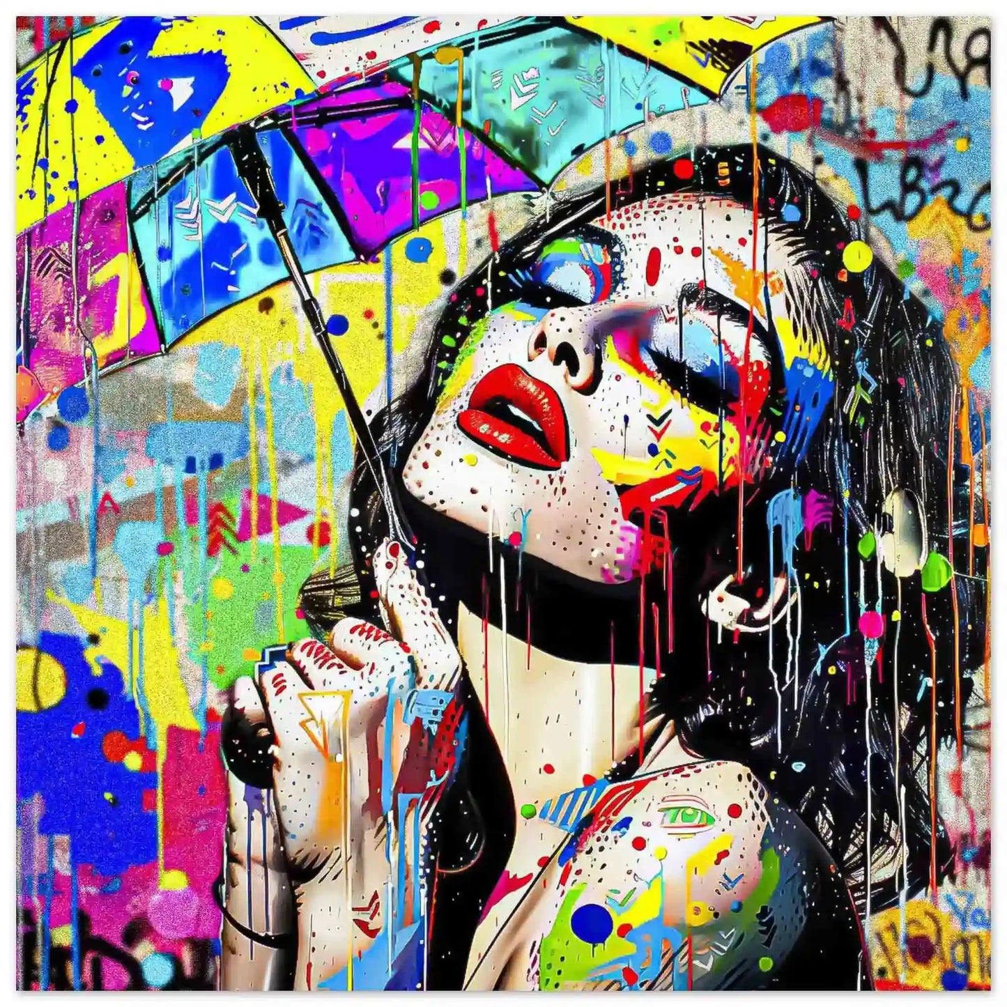 beautiful woman holding an umbrella against a vibrant storm of colorful paint splashes. Aluminum Print-8x8 inches-Painted Rainstorm Glam-Graphique Addictions