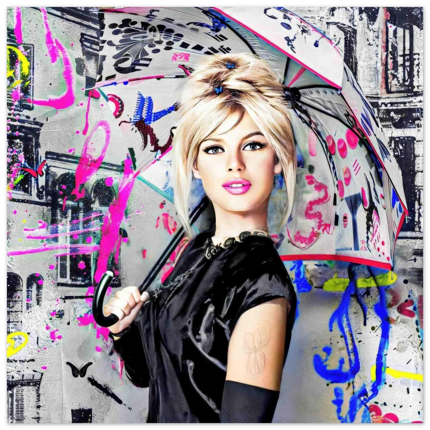 Brigitte Bardot holding an umbrella in a black dress and gloves, against a graffiti-cityscape with neon colors, aluminum print. Parisian Pop-Graphique Addictions.