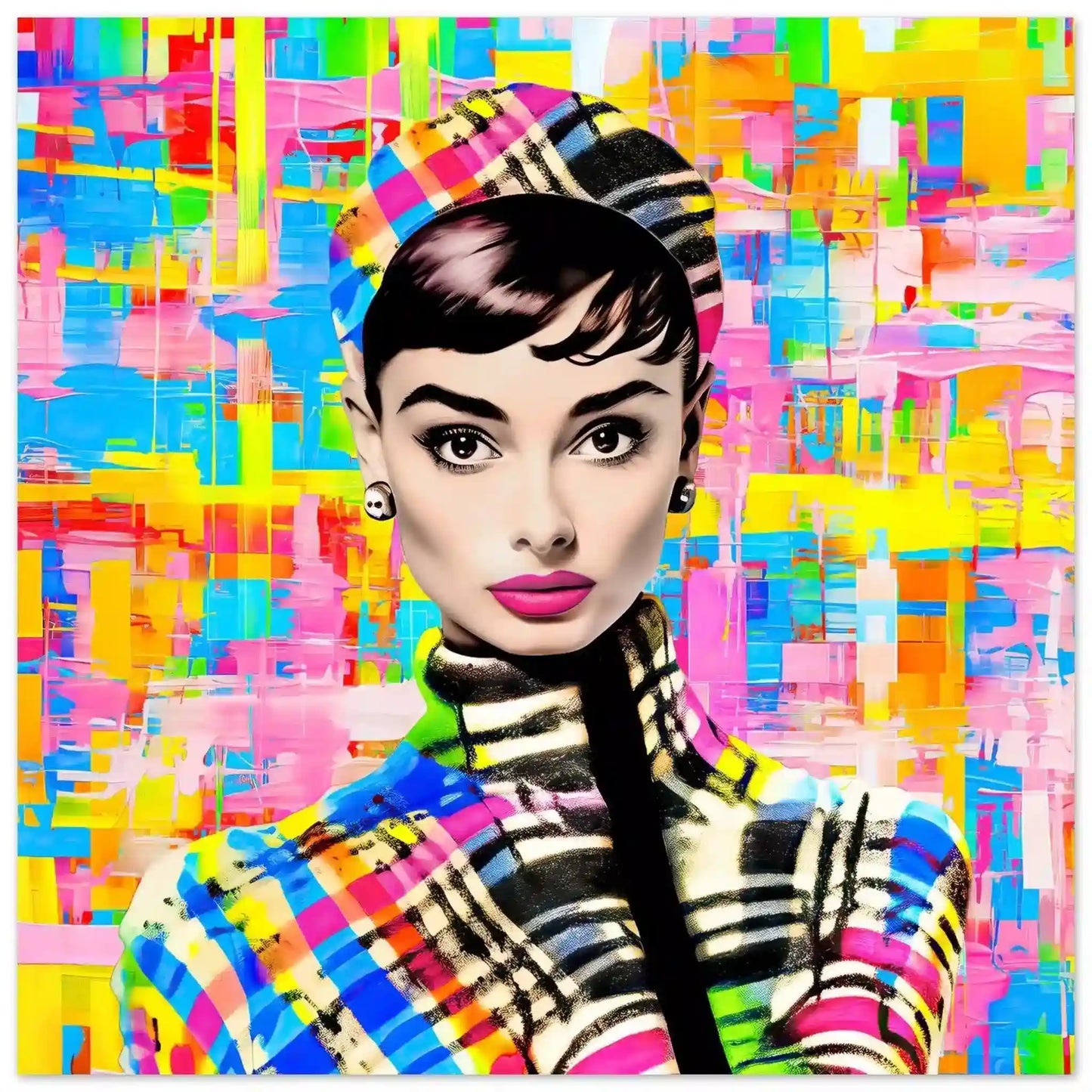 Aluminum Print of Audrey Hepburn against a multicolored plaid backdrop, wearing a plaid hat and outfit.