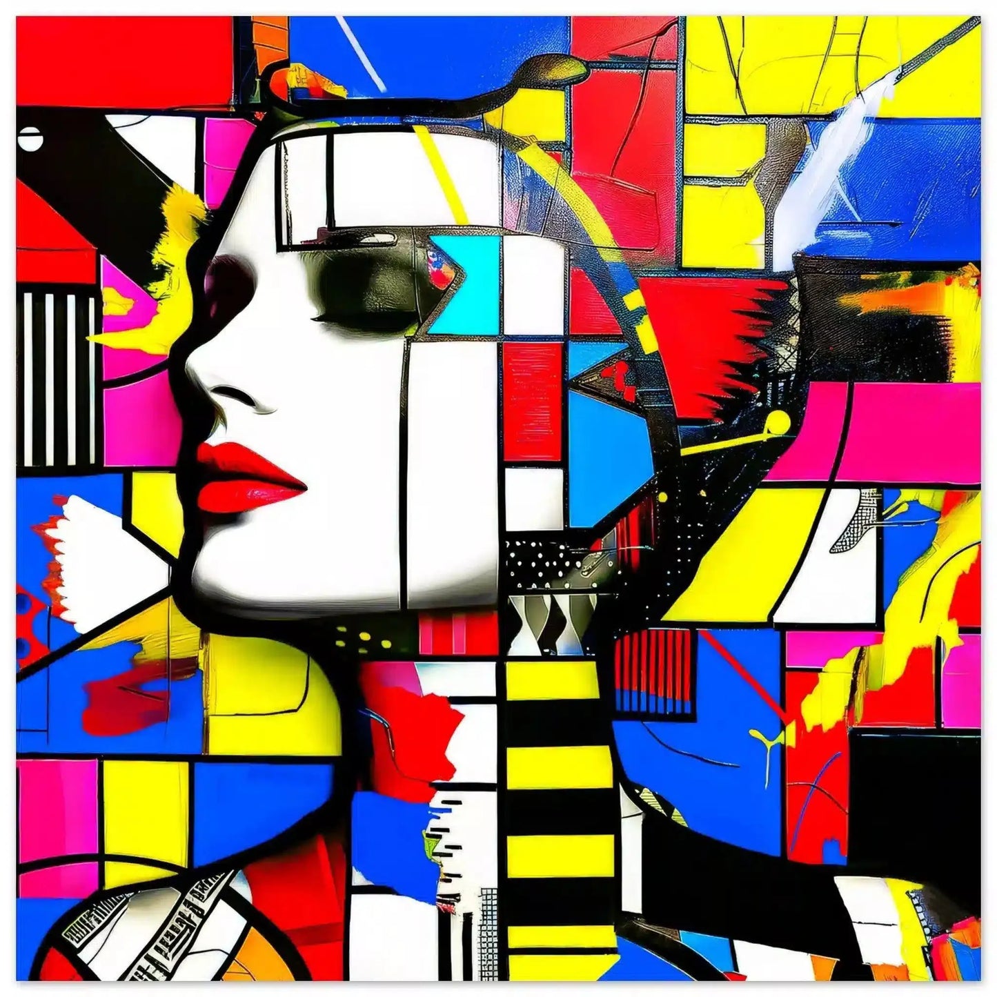 Face with bold geometric patterns in red, blue, yellow, and pink, evoking futuristic charm. Technicolor Temptress - Aluminum Print-Graphique Addictions