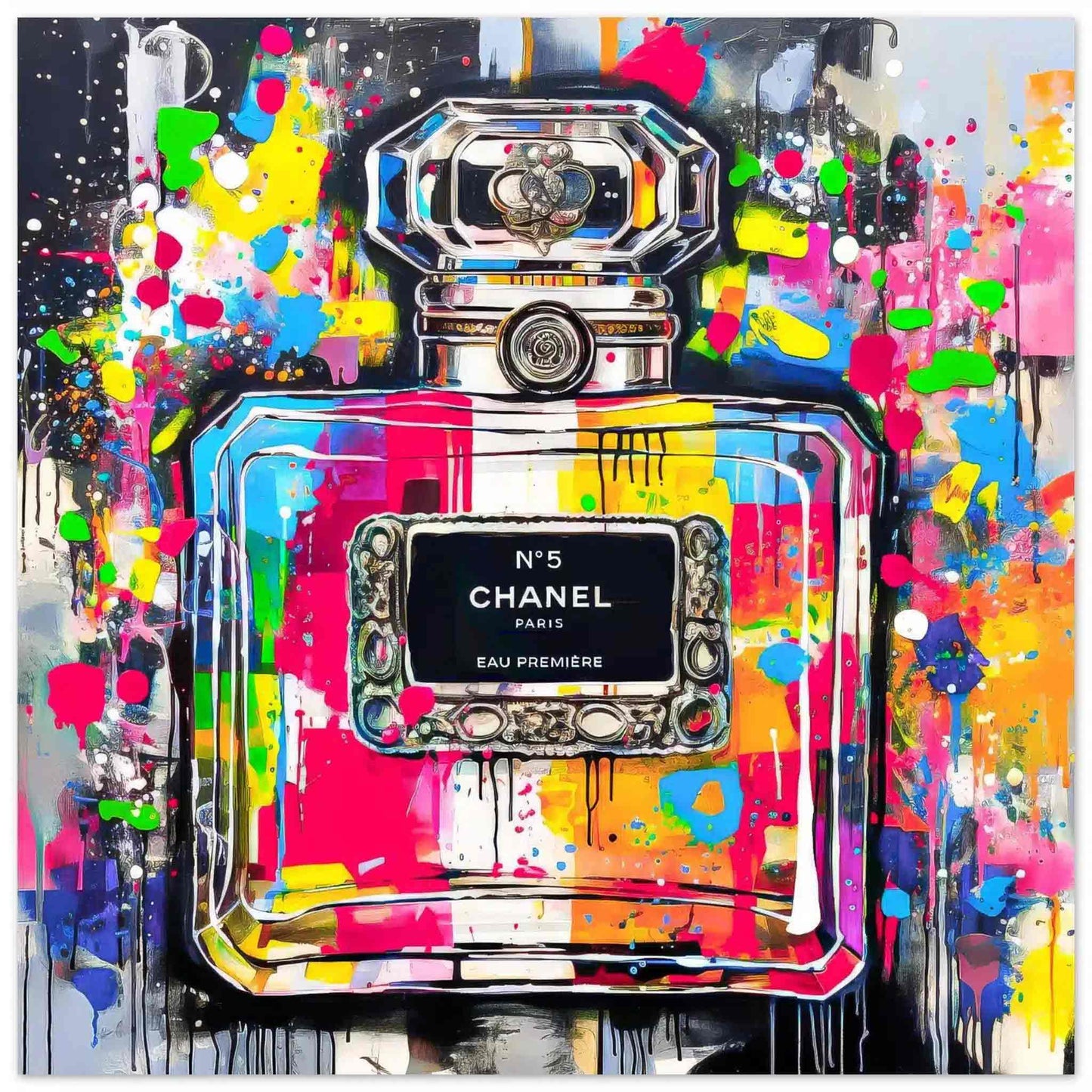 Chanel No5 perfume bottle with colorful graffiti splashes on a gray gradient background. Aluminum Print-8x8 inches-Urban Eau de Chanel - Aluminum Print-Graphique Addictions