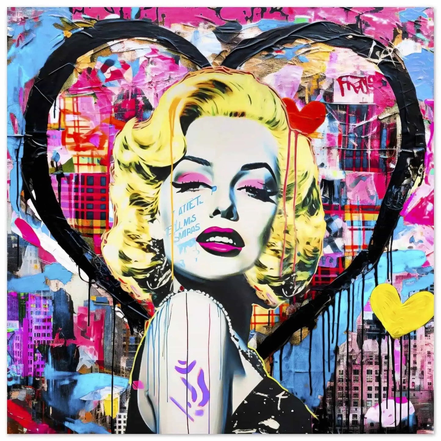 Marilyn Monroe portrait set against a heart-shaped cityscape background, with vibrant graffiti and bold colors and patterns. Aluminum Print Vibrant Heart Portrait-Graphique Addictions