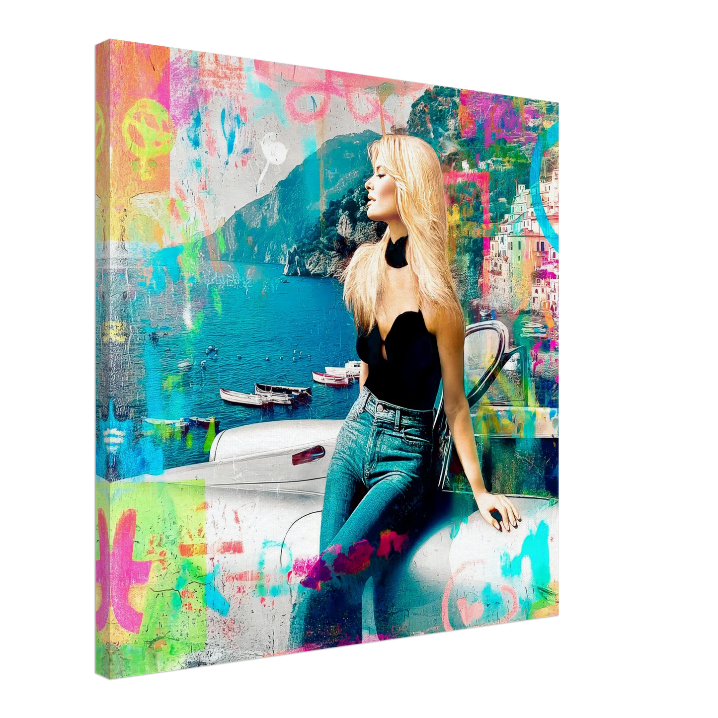 canvas print of a collage art painting of brigitte bardot in italy at the coast of amalfi leaning against a white corvette-amalfi-coast-pop-framed-print, Graphique Addictions
