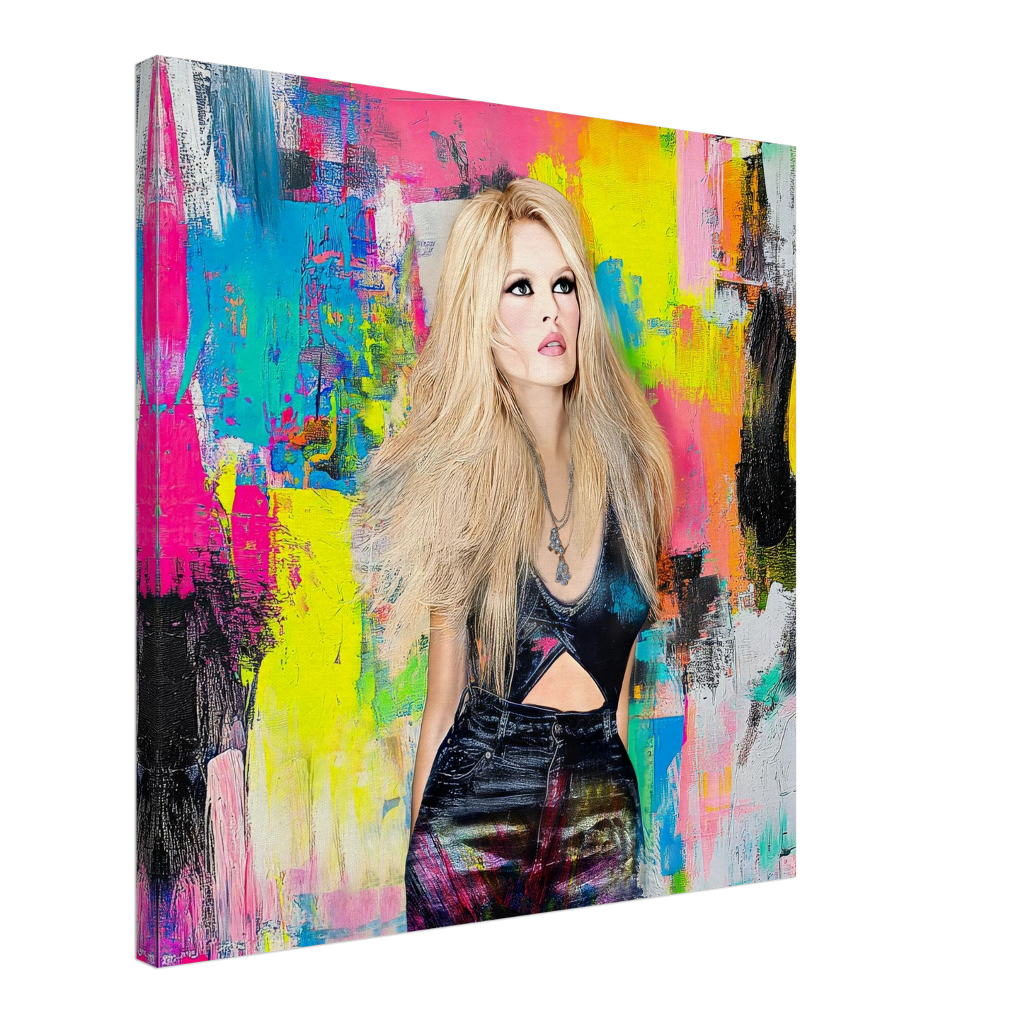 canvas print of brigitte bardot wearing black jeans and top against a vibrant abstract painting of colorful brushsrokes-graphique addictions
