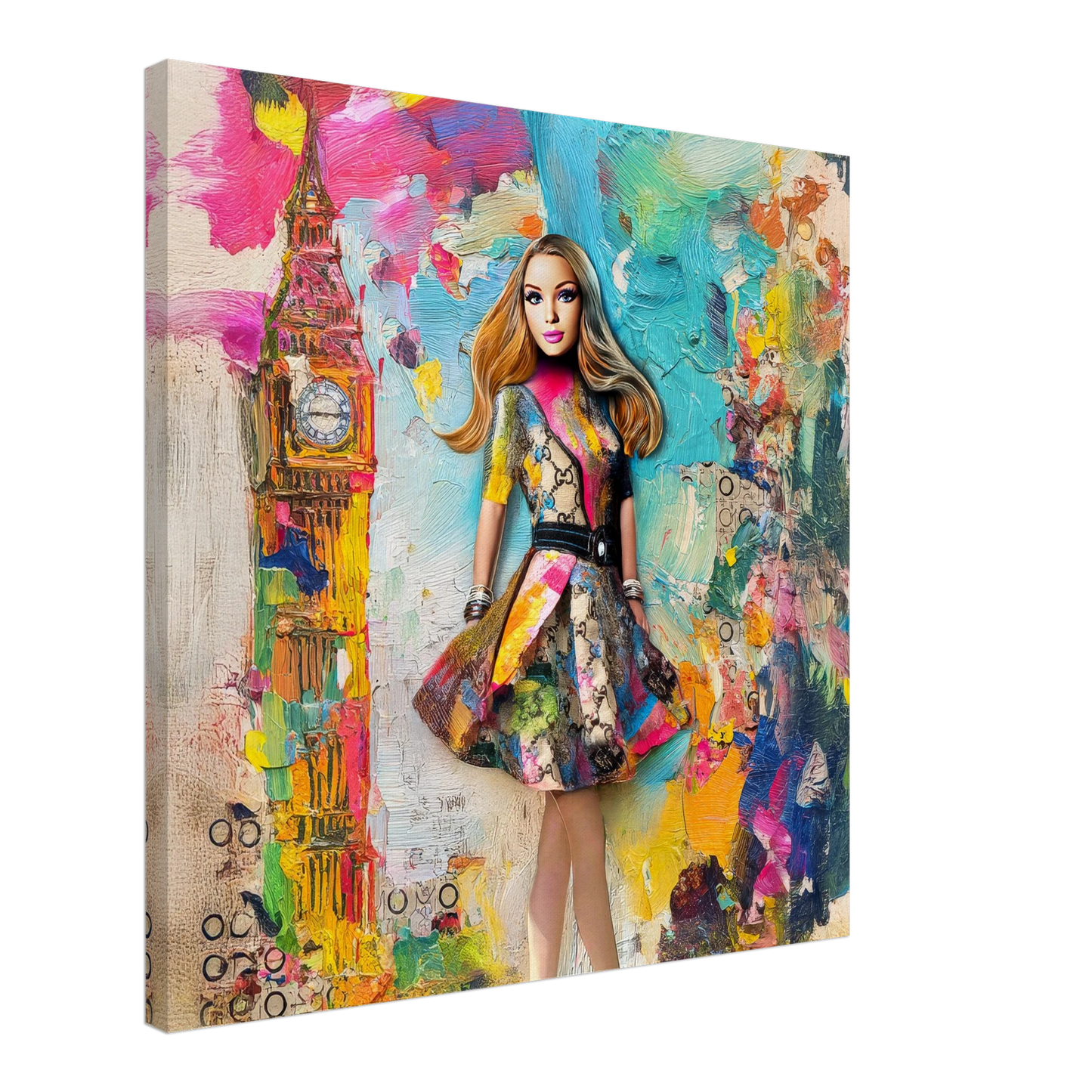 mixed media art collage of a full-body portrait of Barbie dressed in a Gucci-inspired ensemble, standing confidently before Big Ben and the London skyline-Slim-24x24-inches-canvas-print-london-luxe-doll, Graphique Addictions