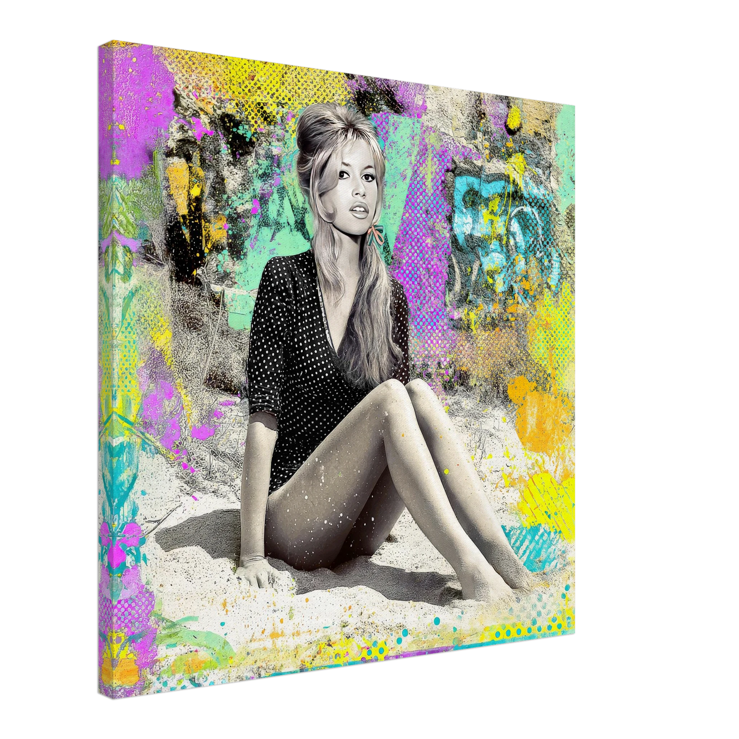 mixed media art painting of Brigitte Bardot sitting on the sand in a polka dot beach cover-up with graffiti splashes, vibrant brush strokes, and nostalgic comic book textures-canvas-print-retro-beach-vibes, Graphique Addictions