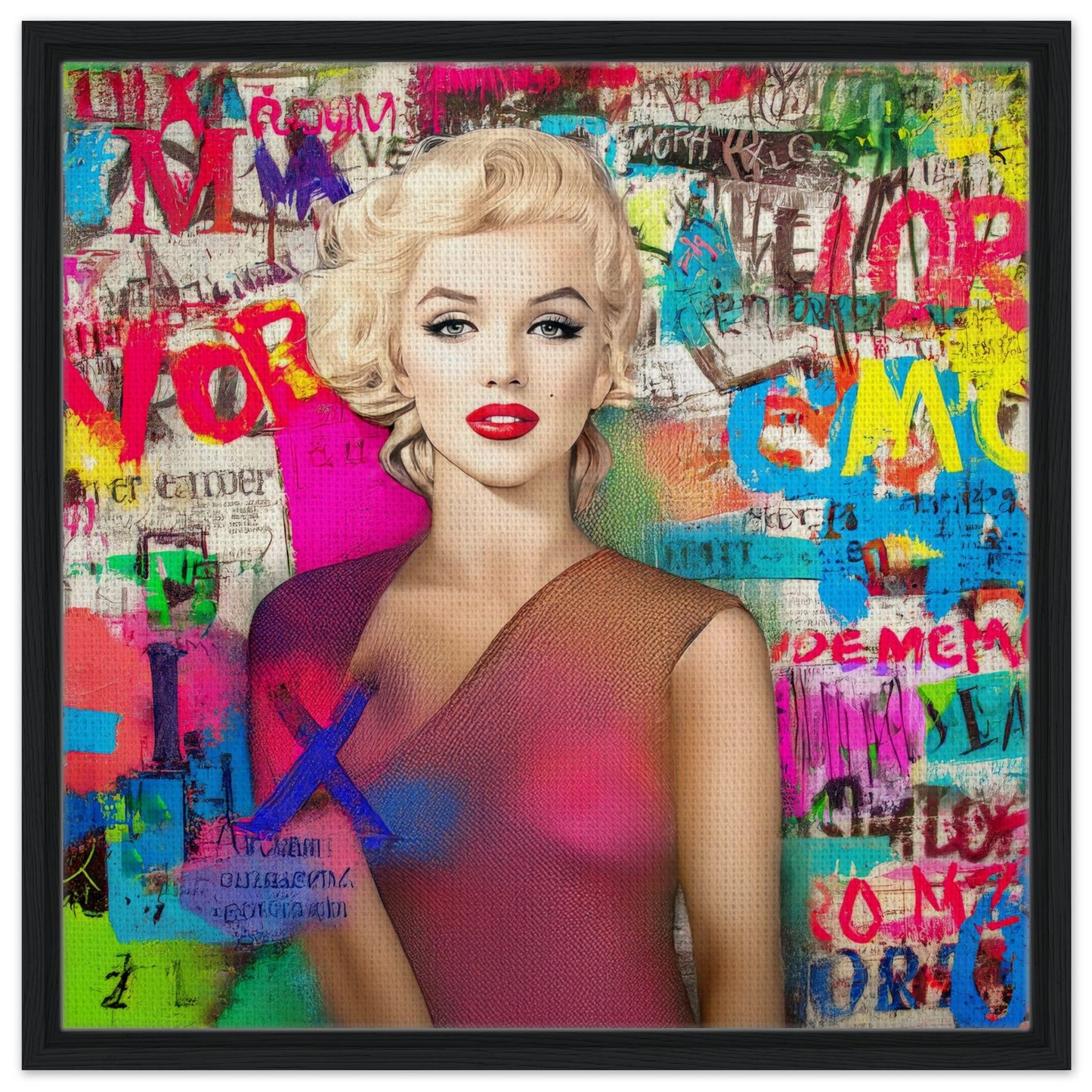 24x24 framed canvas of colorful artwork of marilyn monroe wearing a pink dress with graffiti-style letters. Marilyns Letter Chaos-Graphique Addictions.