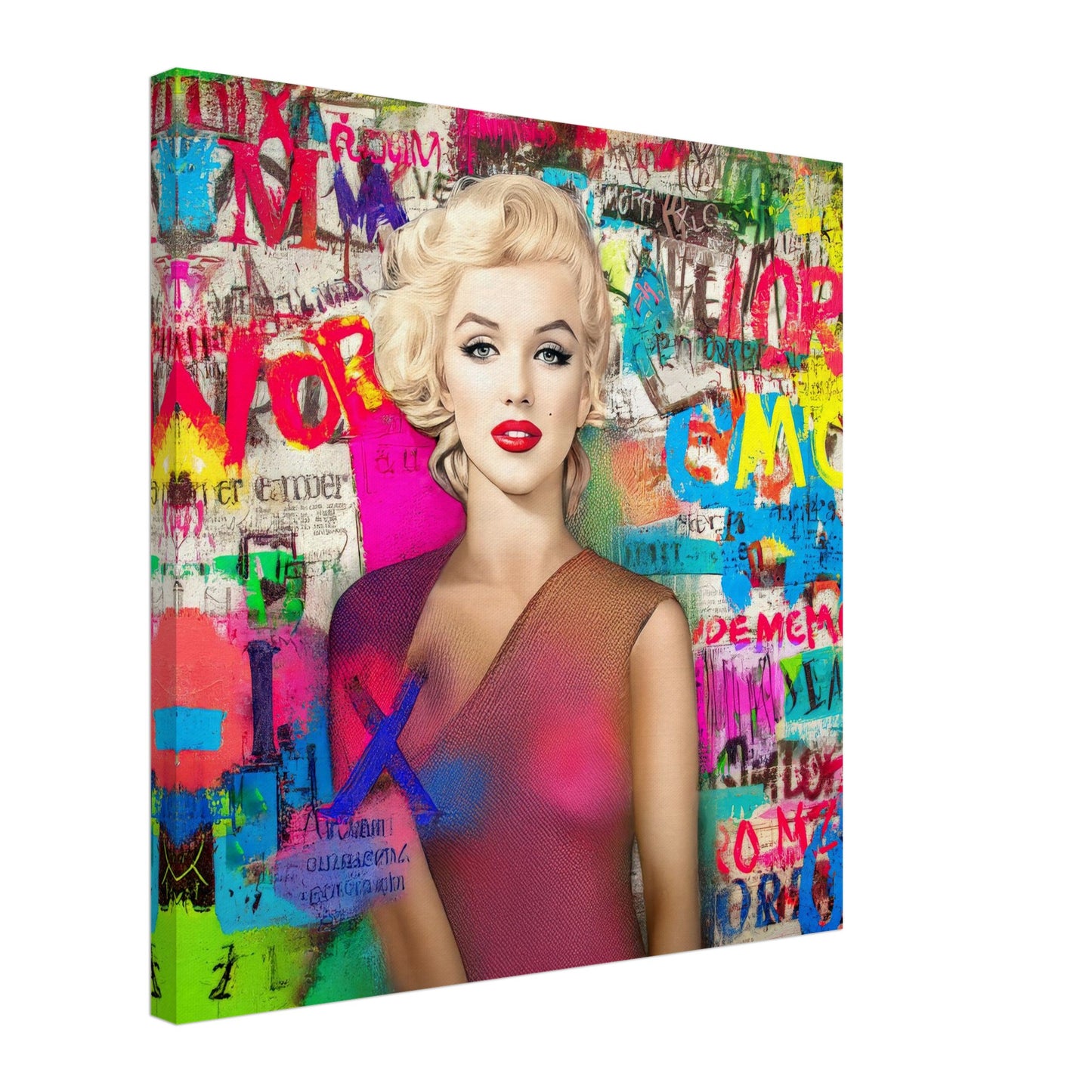 24x24 thick canvas of colorful artwork of marilyn monroe wearing a pink dress with graffiti-style letters. Marilyns Letter Chaos-Graphique Addictions.