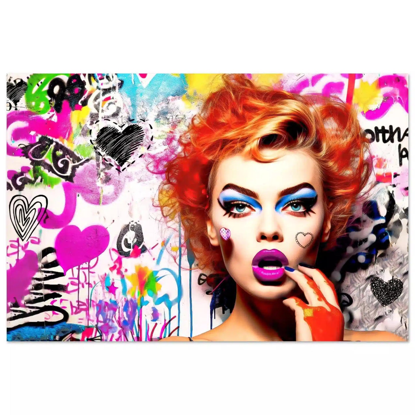 Chic Chaos: Red-haired woman against a backdrop of colorful graffiti art, hearts, and butterflies, aluminum print-Graphique Addictions.