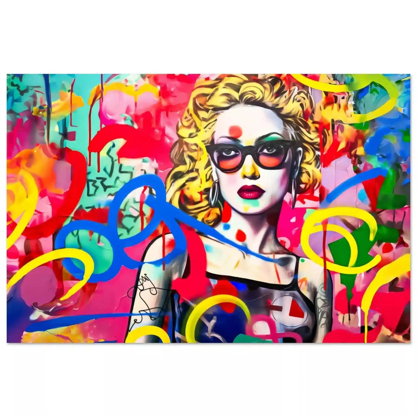 Aluminum art print of a blonde haired woman with tattoos wearing sunglasses, set against a vibrant graffiti backdrop. Title: Tattooed Temptation-Graphique Addictions.
