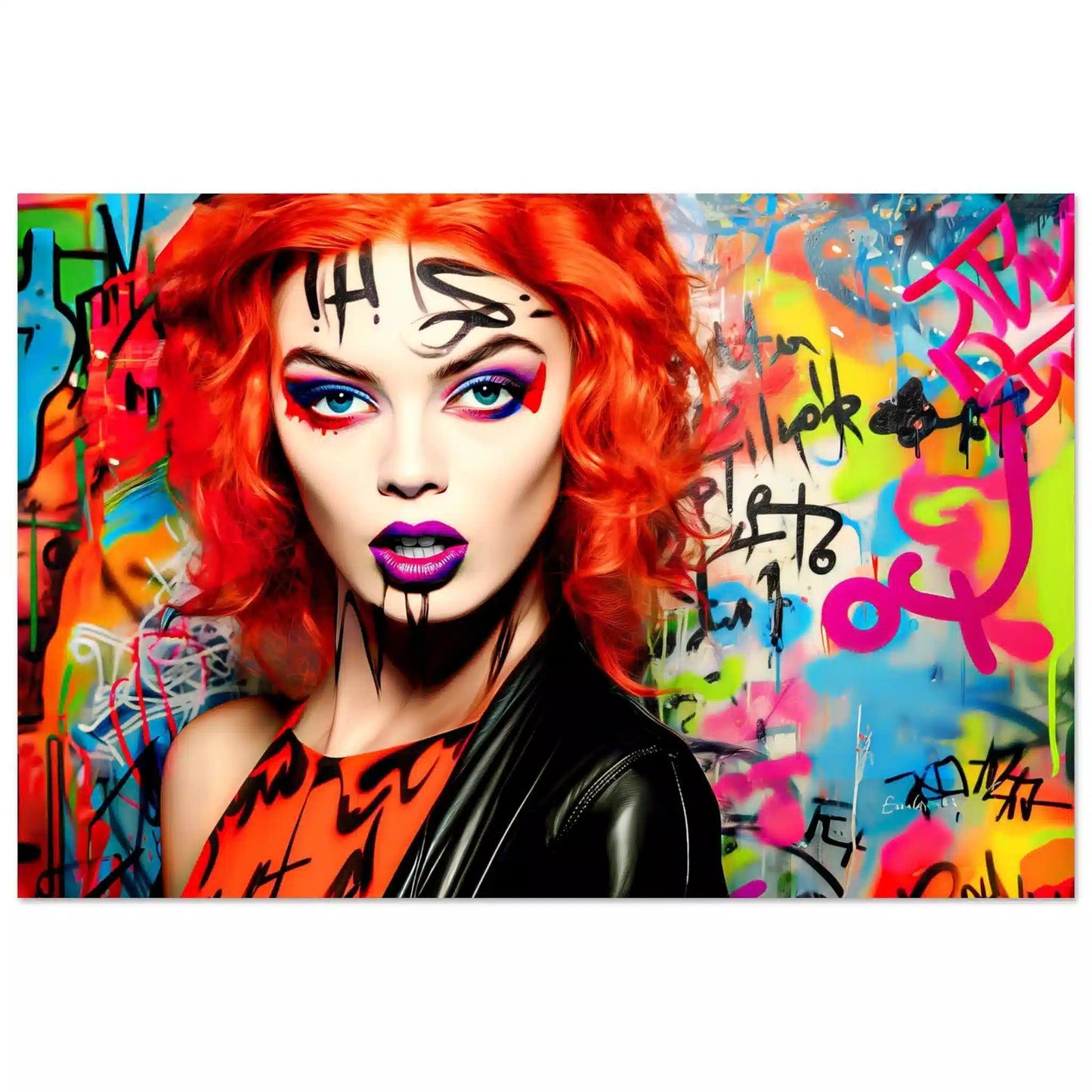Aluminum print featuring a red-headed woman with bold gothic makeup, wearing a black leather jacket and an orange top, set against a colorful graffiti background. Graffiti Vixen-Graphique Addictions.