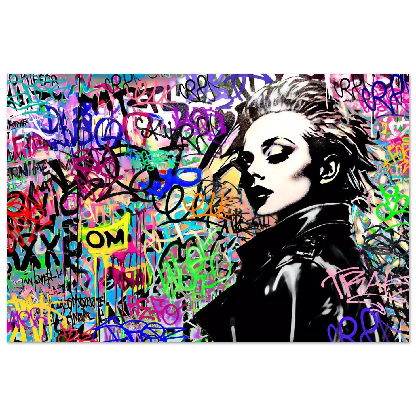 Aluminum art print of Madonna wearing a black leather jacket against a backdrop of colorful graffiti and lettering. Chromatic Chaos-Graphique Addictions.