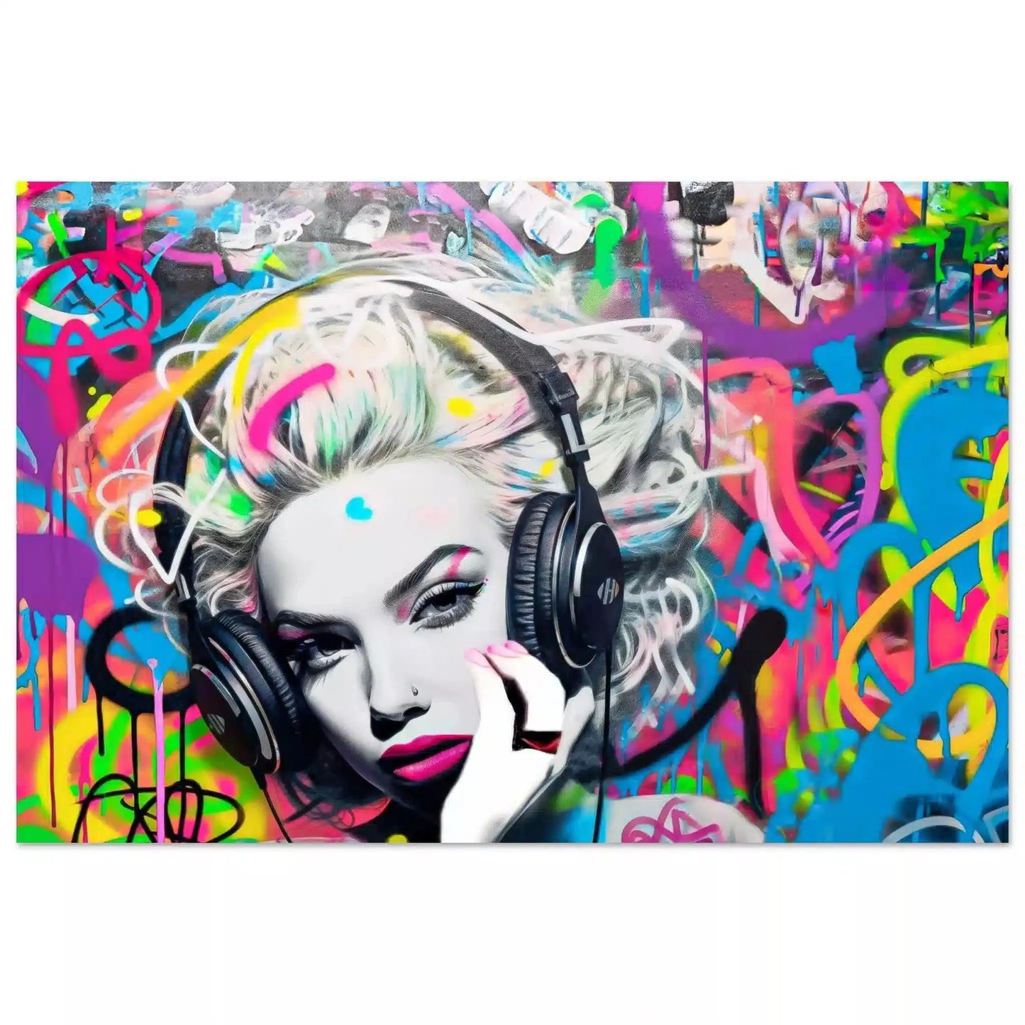 Aluminum print of Madonna wearing headphones against a backdrop of neon-colored graffiti swirls. Madonna's Street Beats-Graphique Addictions.