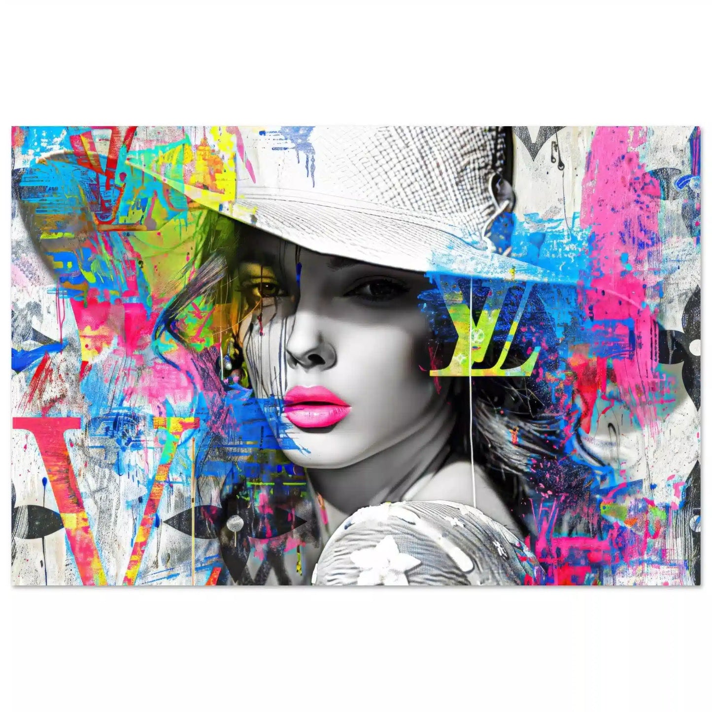 Aluminum print of a beautiful woman in a stylish white hat, against a backdrop of colorful graffiti and street-art style paint splashes and Louis Vuitton-inspired logos. Monogram Vogue Elegance-Graphique Addictions.