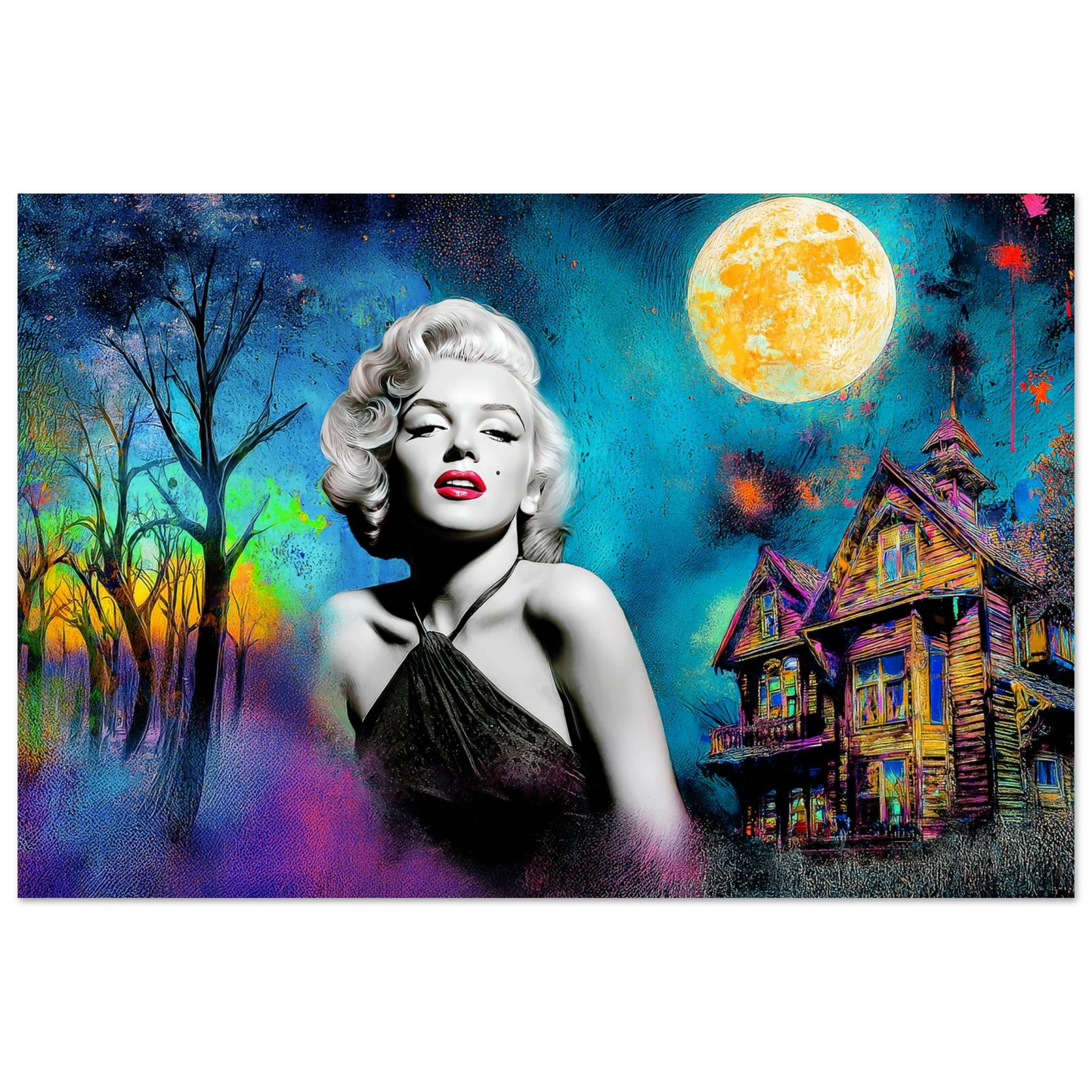 colorful painting of Marilyn Monroe wearing a black dress with a haunted house and moon behind her. Moonlit Marilyn - Aluminum Print-Graphique Addictions.