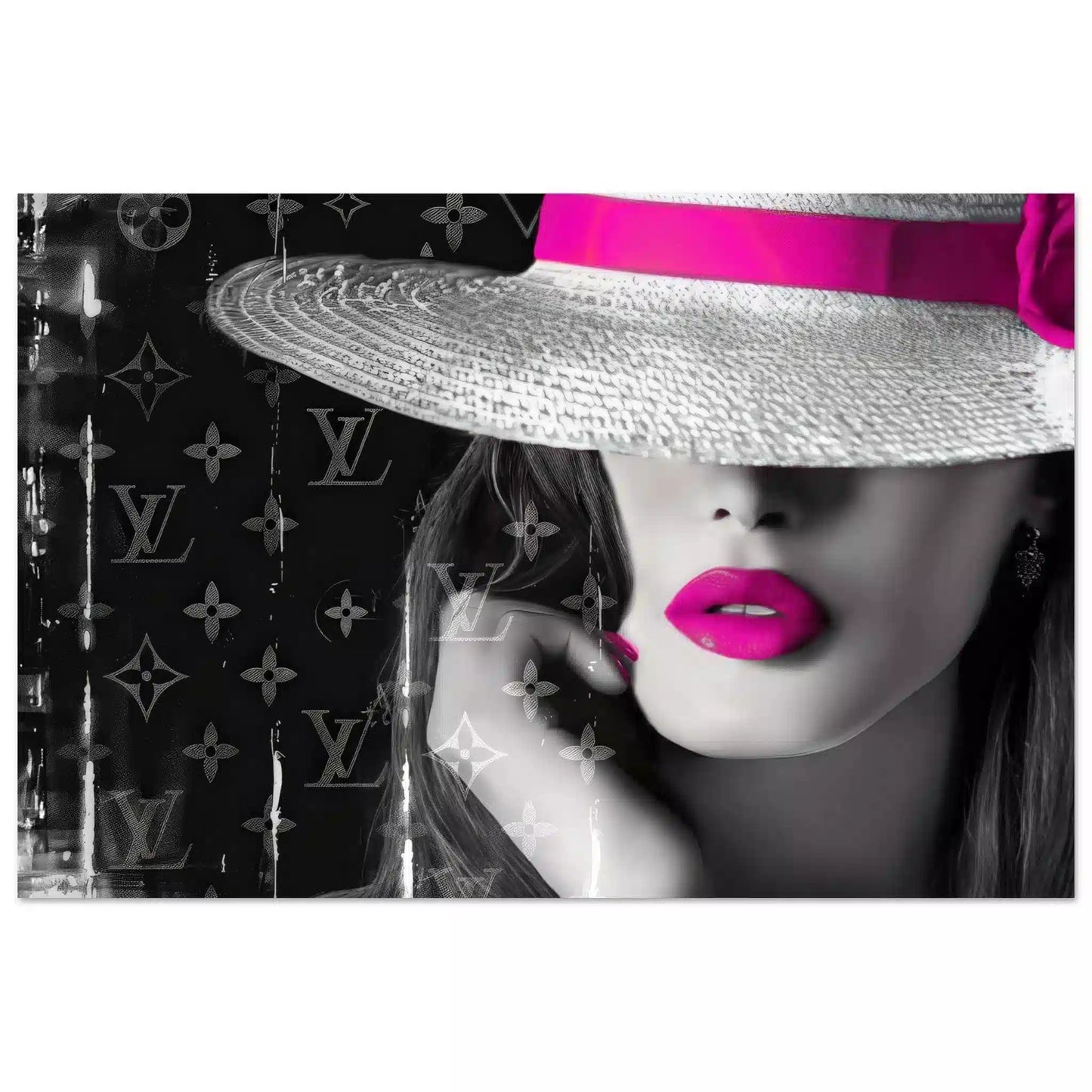 Black and white Aluminum print of a close-up of a woman wearing a white hat with pink bow against Louis Vuitton inspired monogram background. Pink Lipped Chic in Monogram-Graphique Addictions.