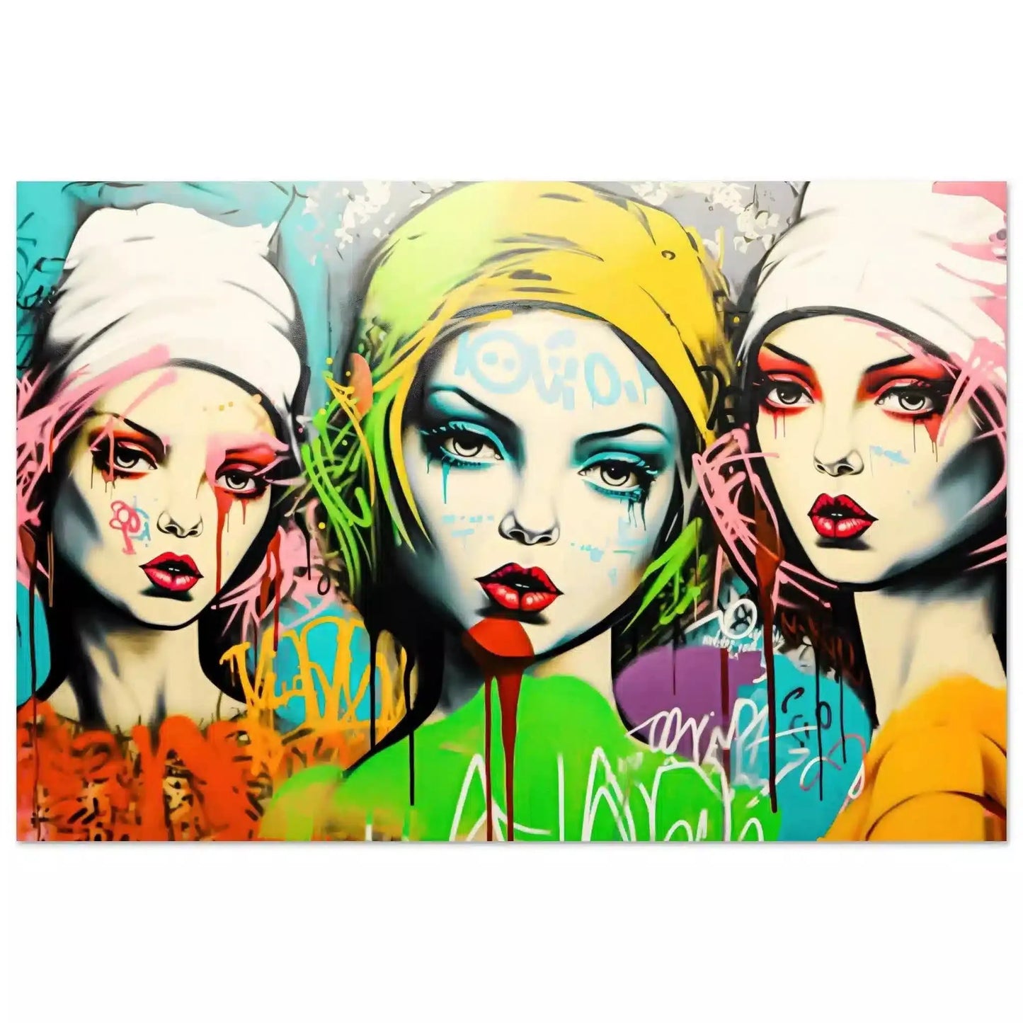 Three women in red, green, orange with bold makeup and headscarves, set against vibrant green graffiti with purple and white scribbles. Urban Decay Divas - Aluminum Print-Graphique Addictions