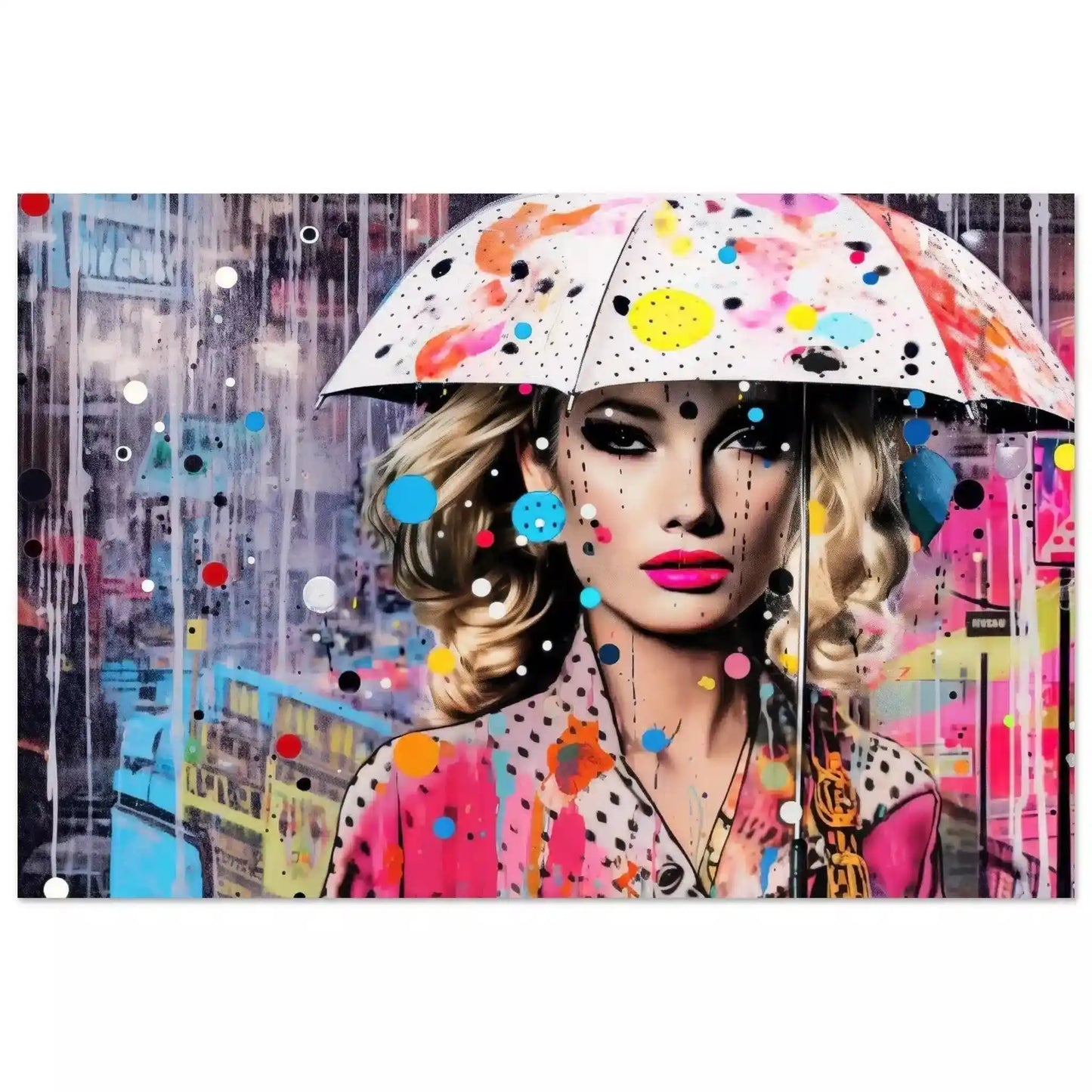 Blonde woman in a polka-dot dress with a colorful umbrella, set against a rain-soaked cityscape with pink and blue street art. Vibrant Drizzle Elegance - Aluminum Print-Graphique Addictions