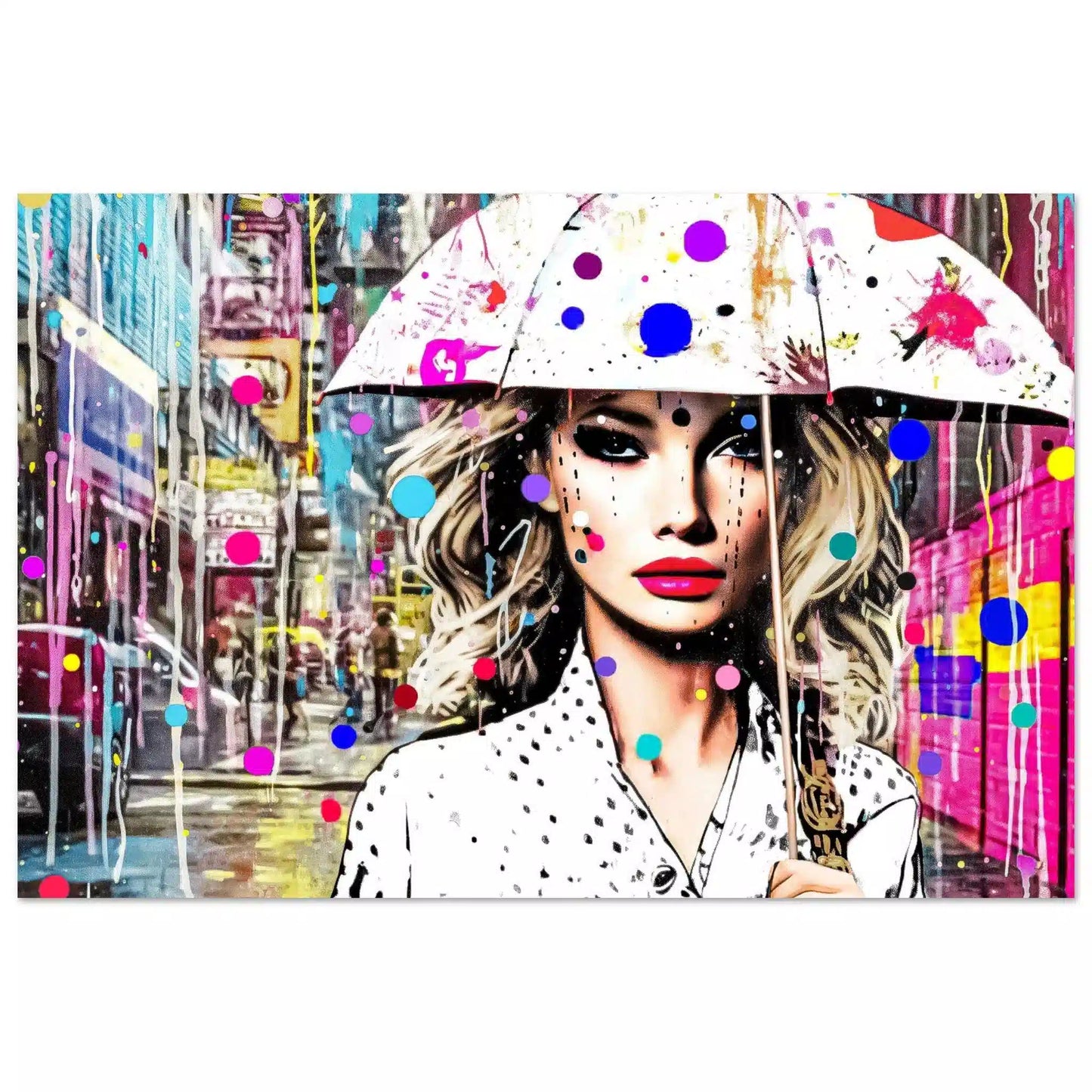 Aluminum print of woman holding a white umbrella with colorful dotted paint splatters. Vivid Vogue Rainfall, Graphique Addictions.