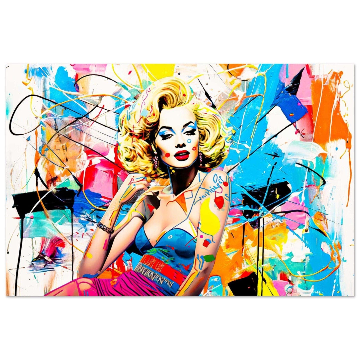 Marilyn Monroe against a backdrop of colorful abstract graffiti and paint splashes. Aluminum Print-8x12 inches-Vogue Vandal-Graphique Addictions