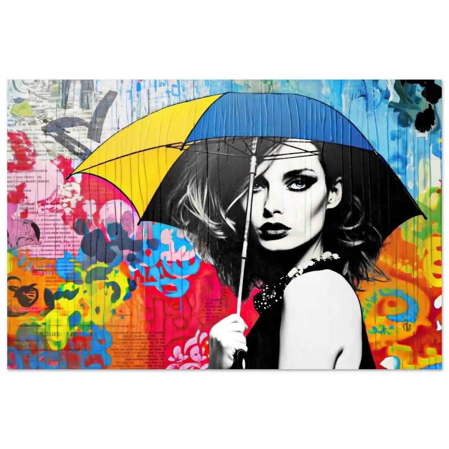 Art print of a woman holding an umbrella, surrounded by vibrant graffiti and graph paper patterns in black, blue, yellow, white, and red. Color Me Rainy-Graphique Addictions.