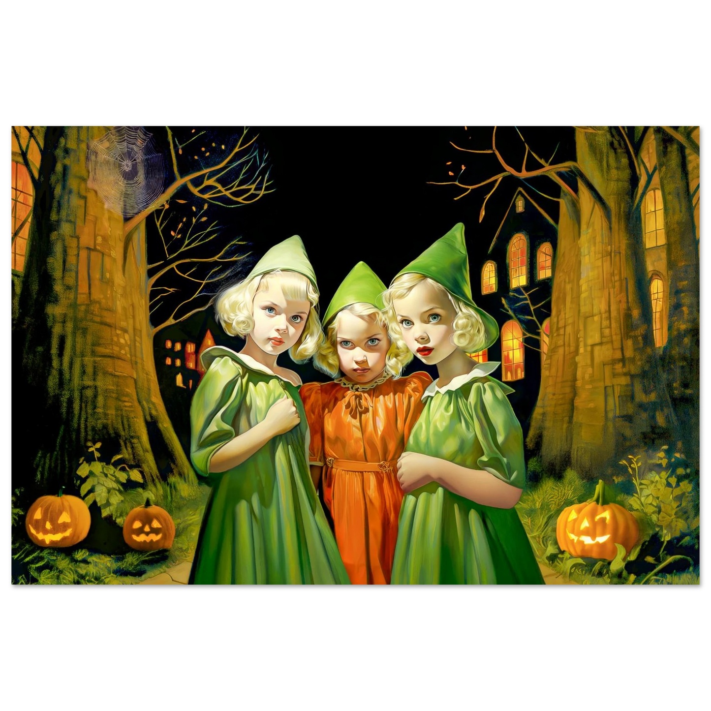 art print of three children in green and orange witch costumes. Emerald and Saffron Witches-Graphqiue Addictions.