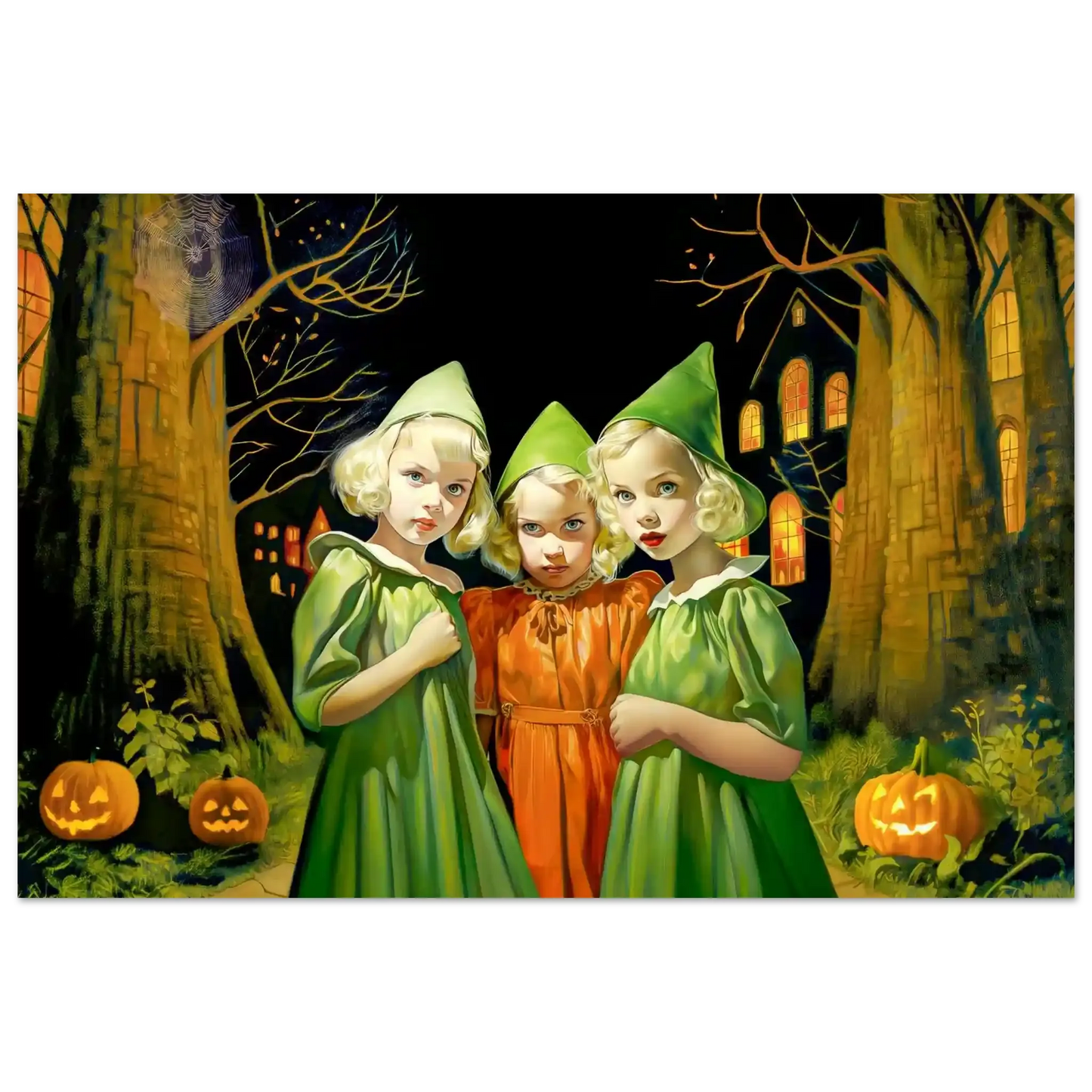 art print of three children in green and orange witch costumes. Emerald and Saffron Witches-Graphqiue Addictions.