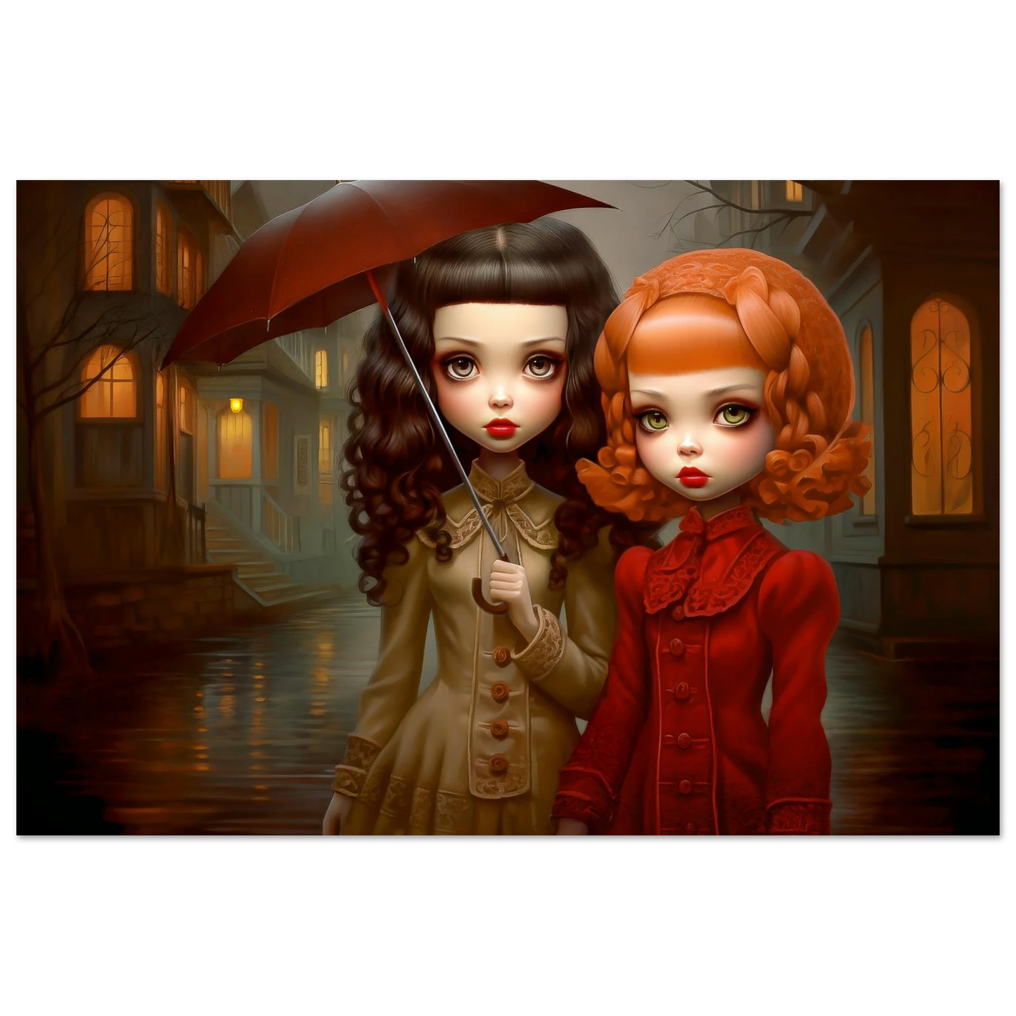 art print of Victorian-inspired dolls standing under the rain on a quiet, moonlit street holding an umbrella. Gothic Rain Dolls-Graphique Addictions.