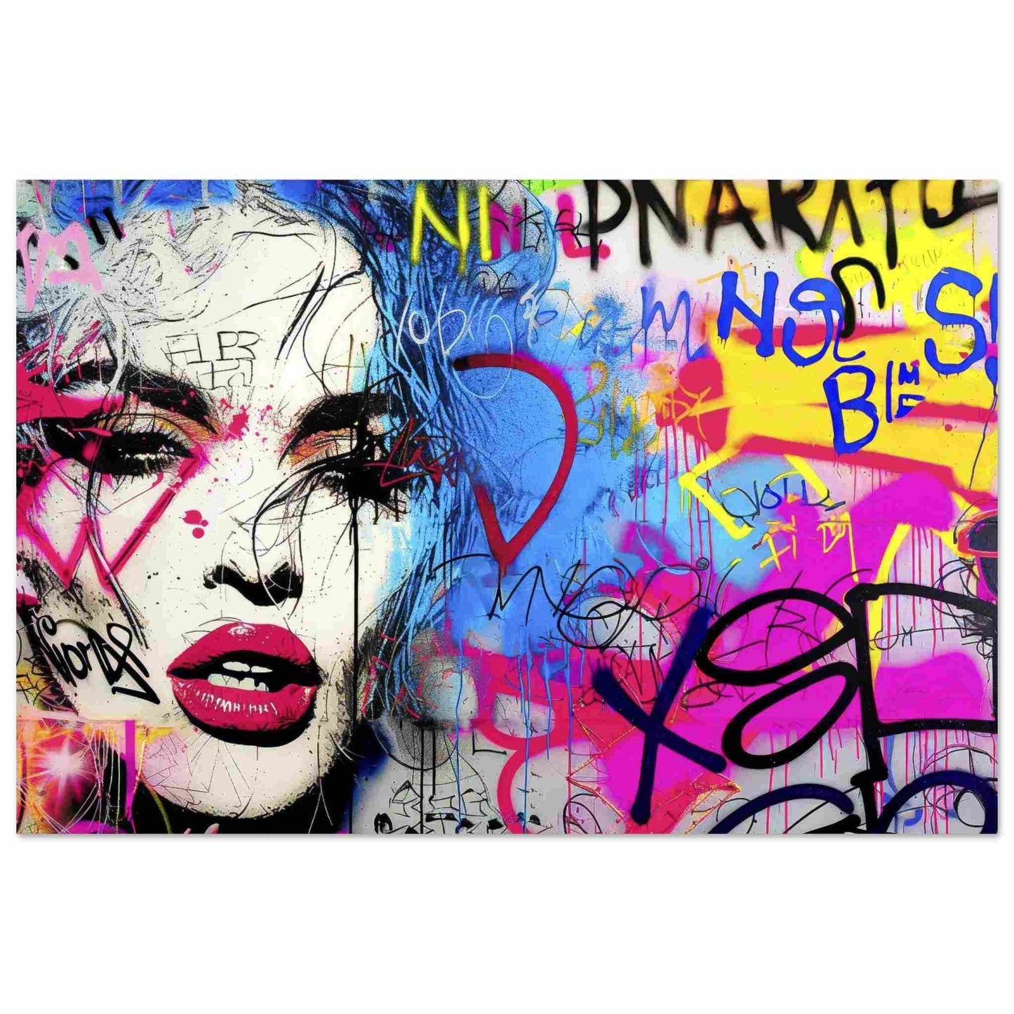 Art print featuring a woman's face decorated with bold graffiti, set against a vibrant background of blue, yellow, and pink graffiti colors. Title: Graffiti Femme Fantasy-Graphique Addictions.