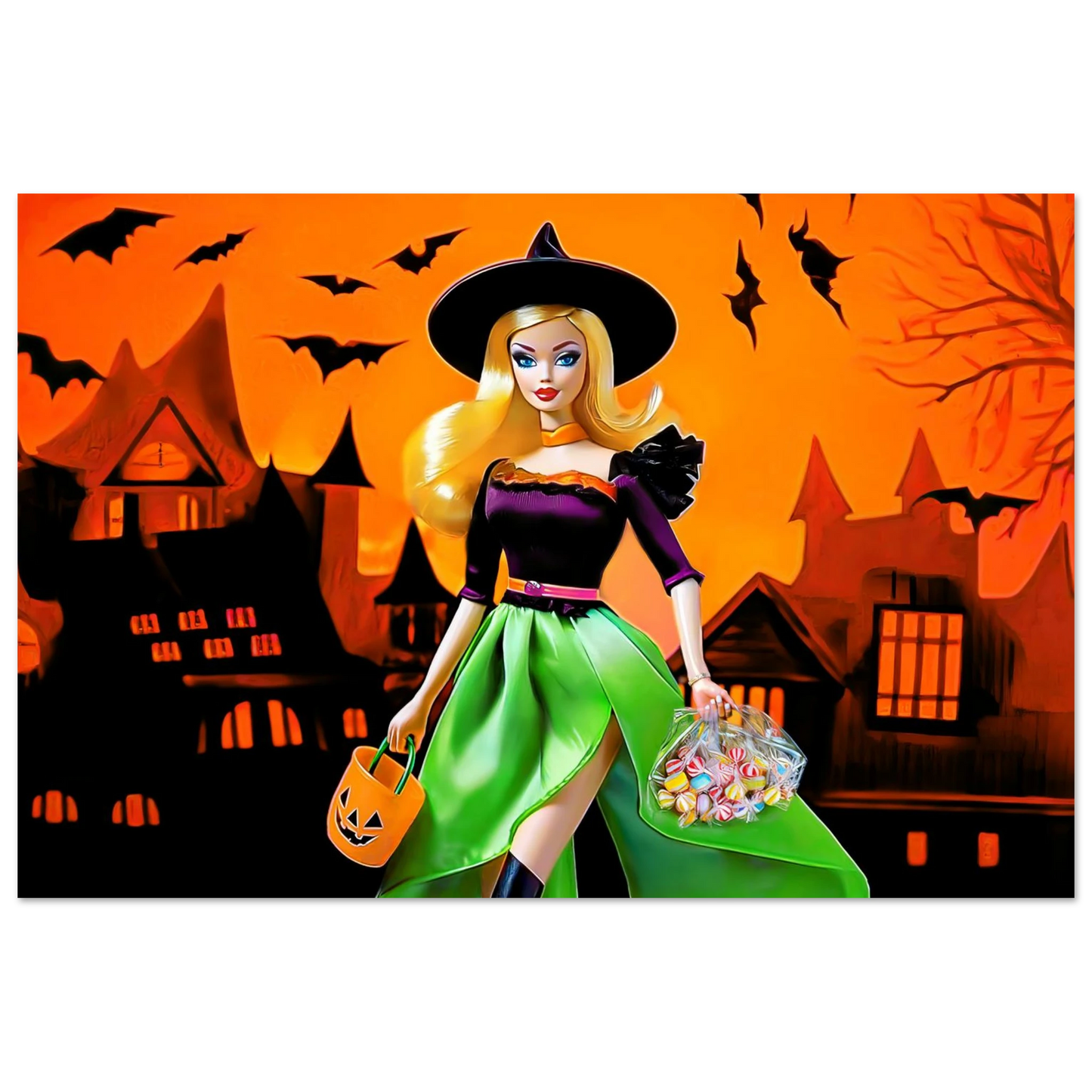 art print of a Halloween-themed barbie dressed as a witch. Haunted Barbie Witch-Graphique Addictions.