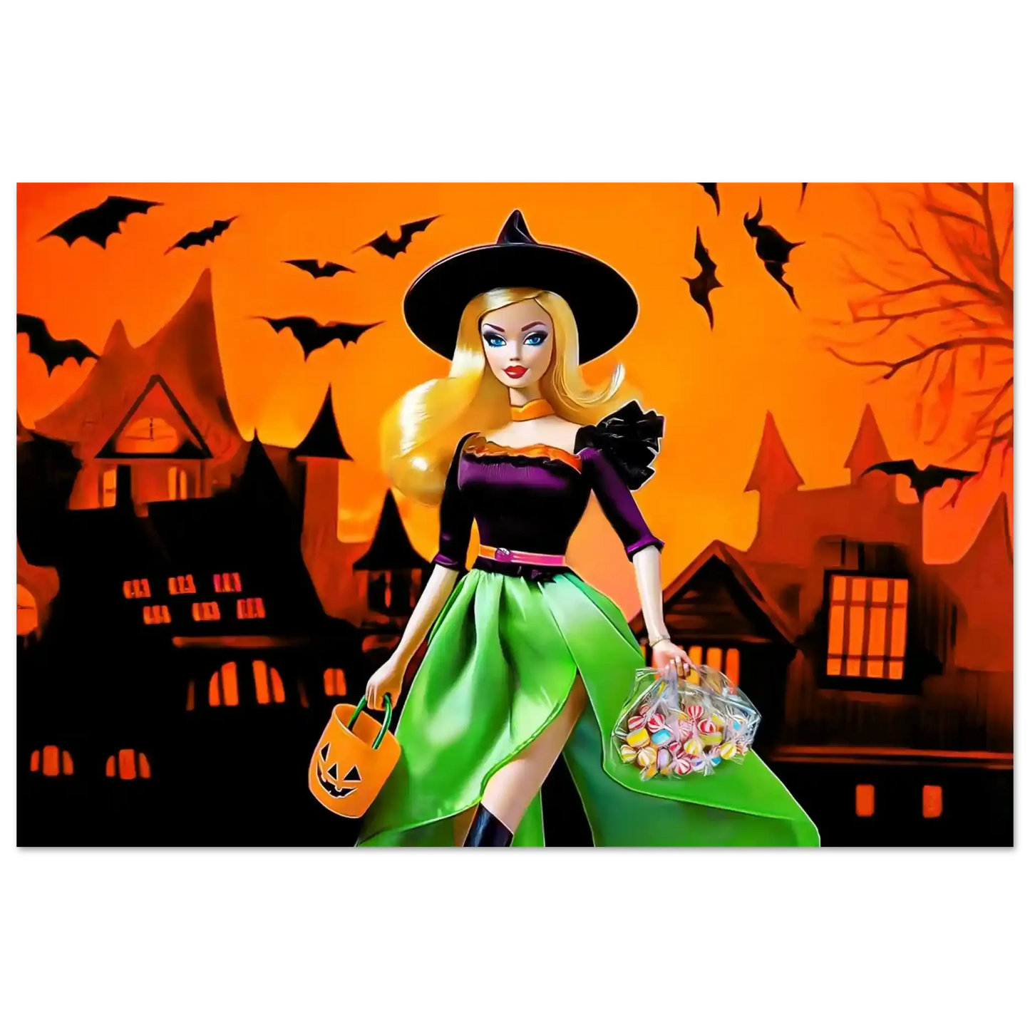 art print of a Halloween-themed barbie dressed as a witch. Haunted Barbie Witch-Graphique Addictions.