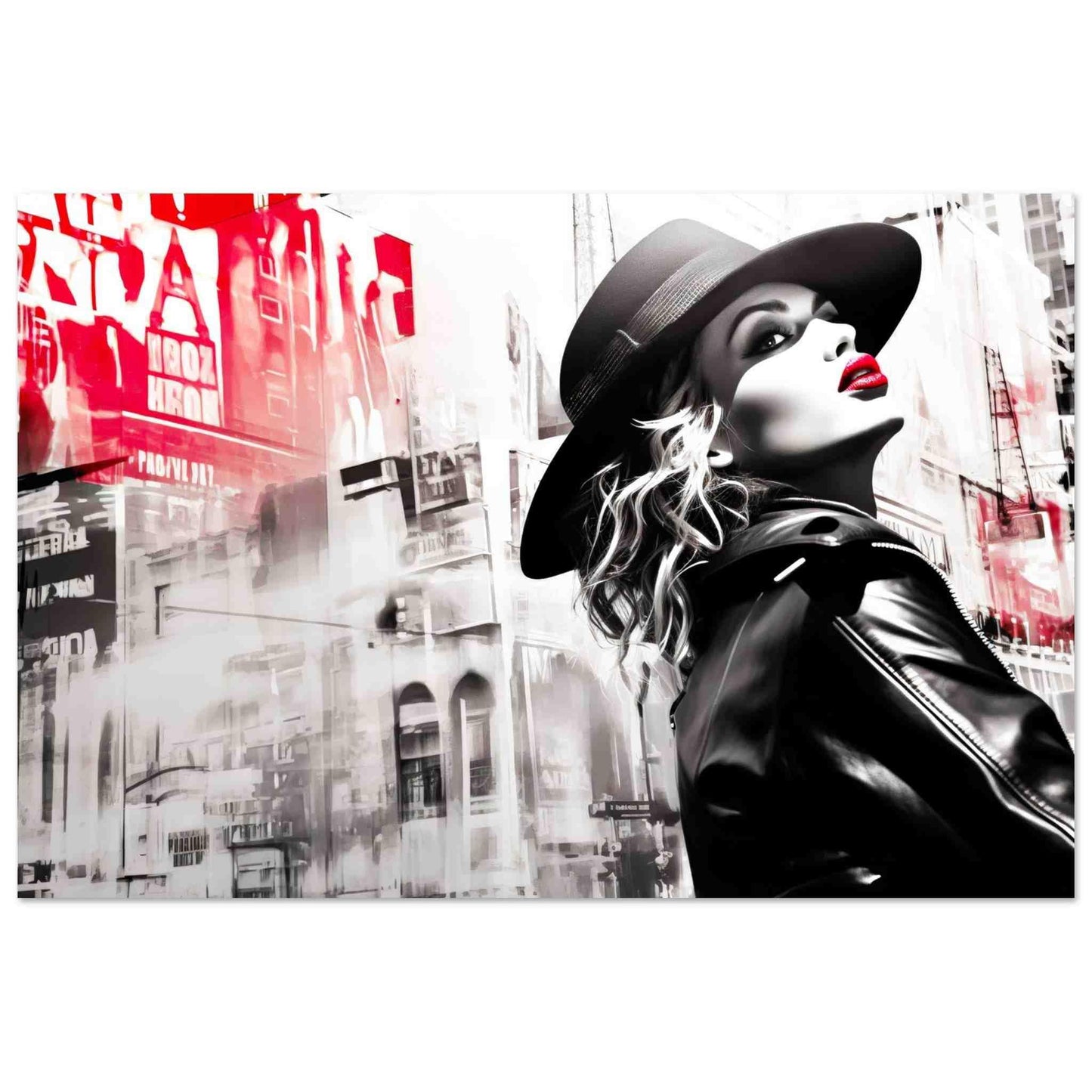 Art print of Madonna wearing a black hat, red lipstick, and a leather jacket against a backdrop of New York City buildings. Madonna in Noir-Graphique Addictions.
