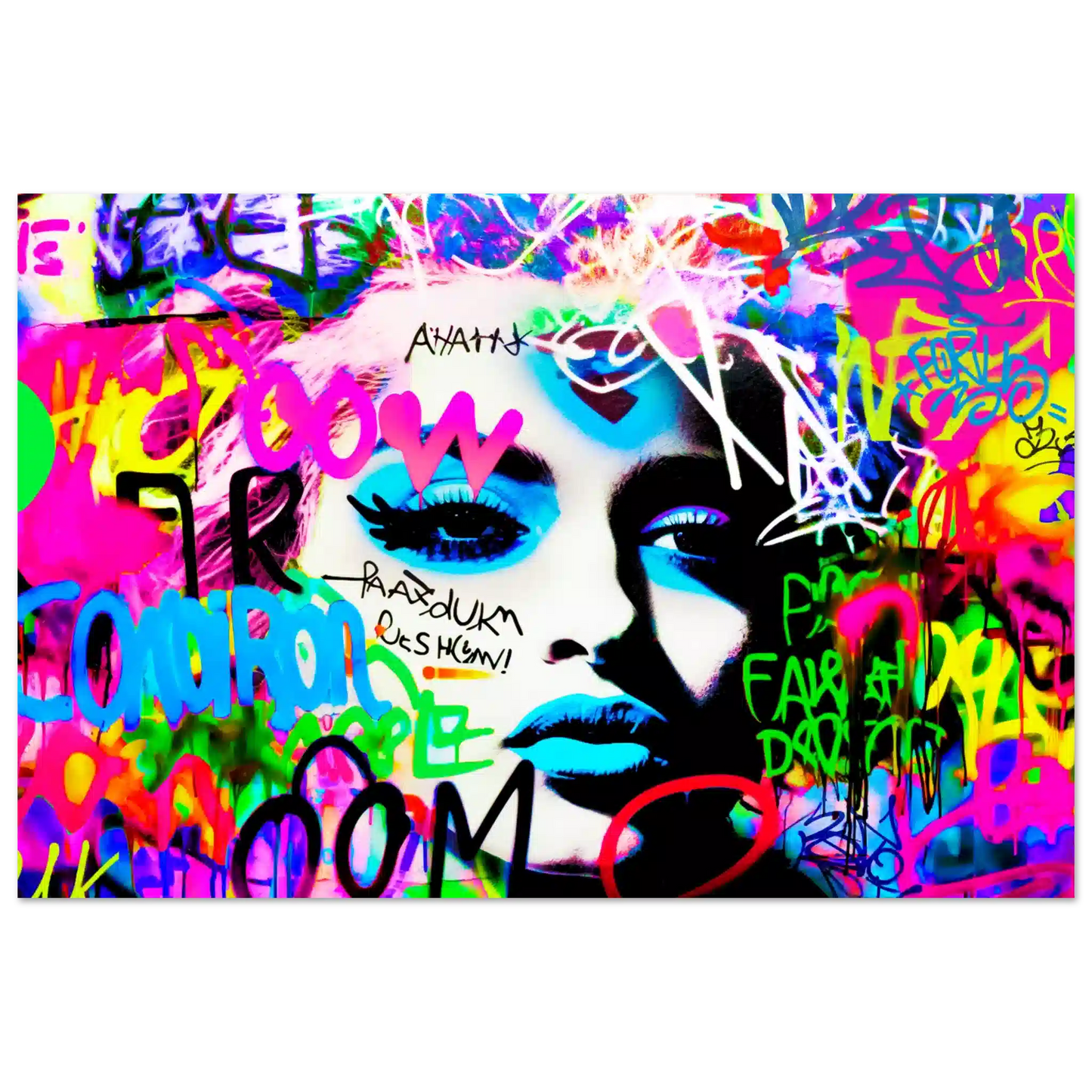 Art print of Madonna's face covered in colorful graffiti. Madonna's Graffiti Groove-Graphique Addictions.