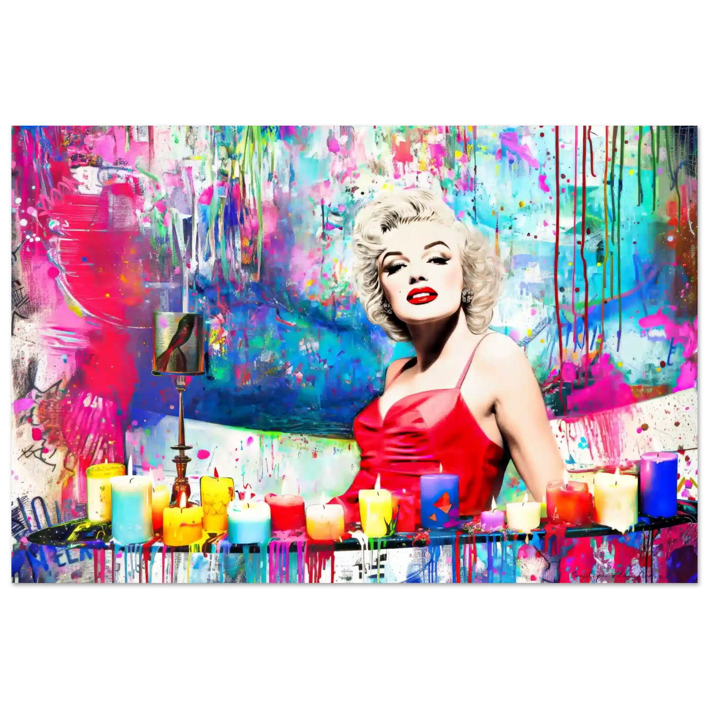 Art print of Marilyn Monroe in a red dress, sitting in a bathtub, surrounded by colorful candles and paint splashes. Marilyn's Candles and Paint-Graphique Addictions.