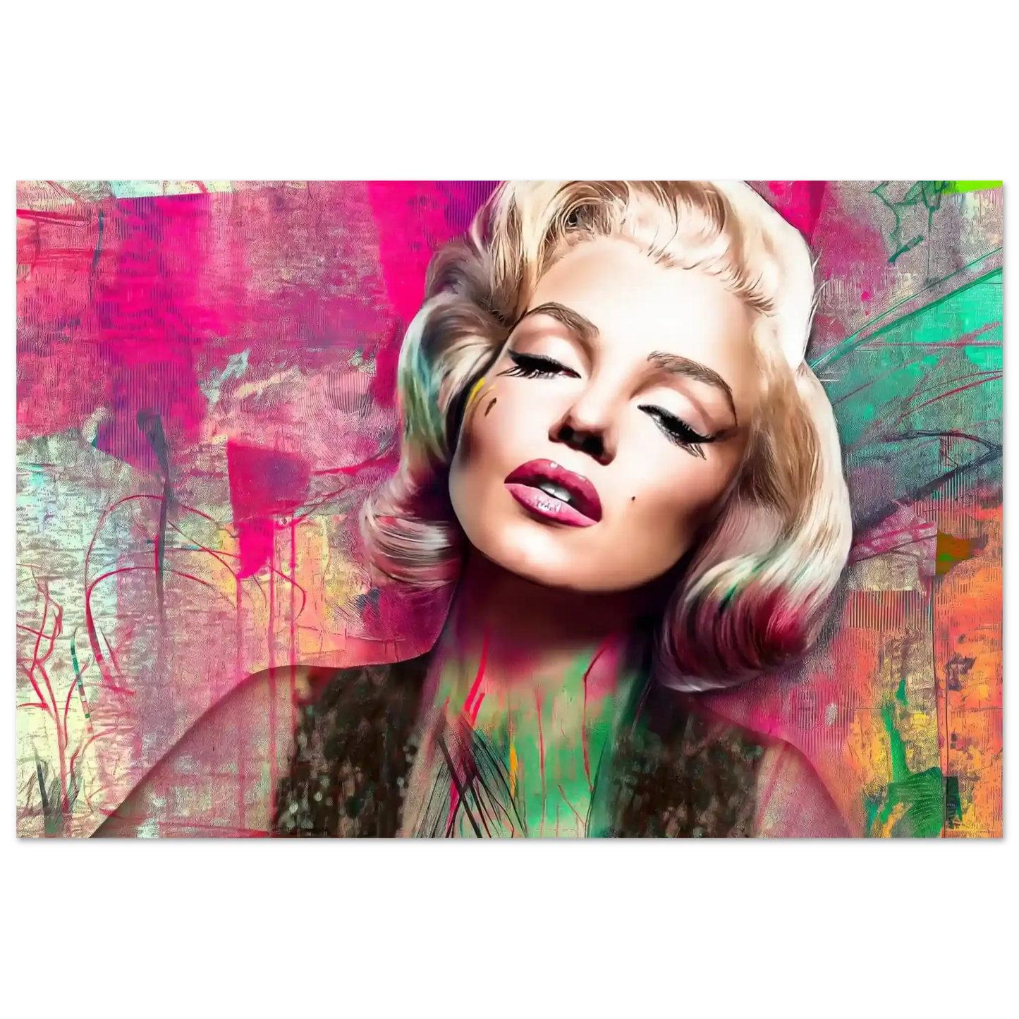 Abstract portrait of Marilyn Monroe with pink lips and lime green graffiti-style background-24x36-inches-print-only-marilyns-candy-lime, Graphique Addictions