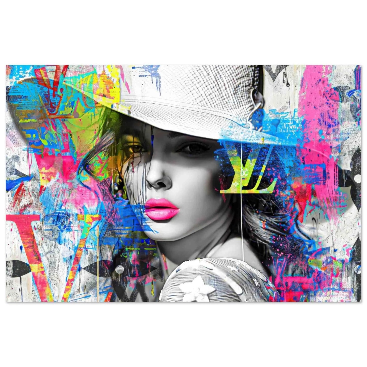 Art print of a beautiful woman in a stylish white hat, against a backdrop of colorful graffiti and street-art style paint splashes and Louis Vuitton-inspired logos. Monogram Vogue Elegance-Graphique Addictions.