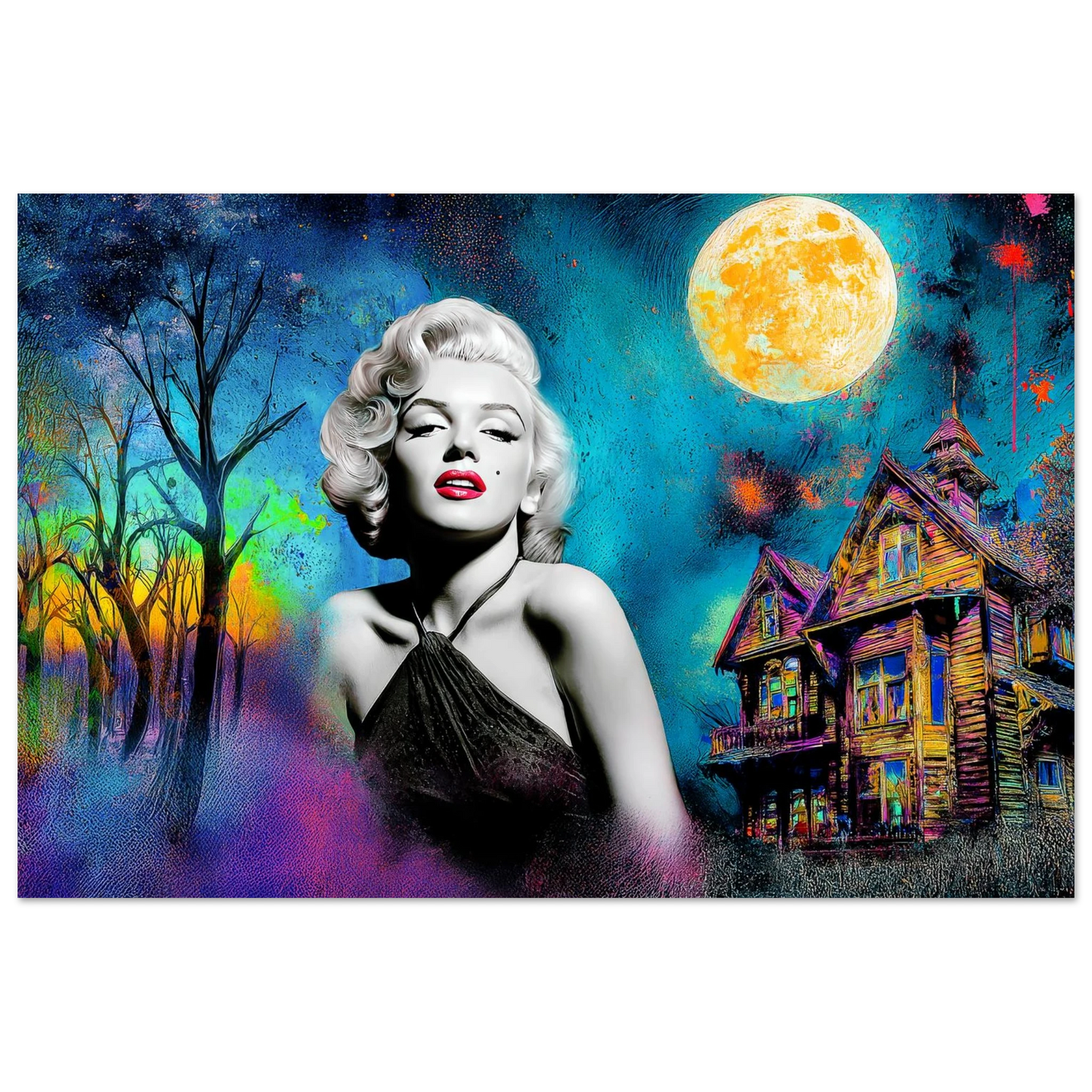 colorful painting of Marilyn Monroe wearing a black dress with a haunted house and moon behind her. Moonlit Marilyn-Graphique Addictions.