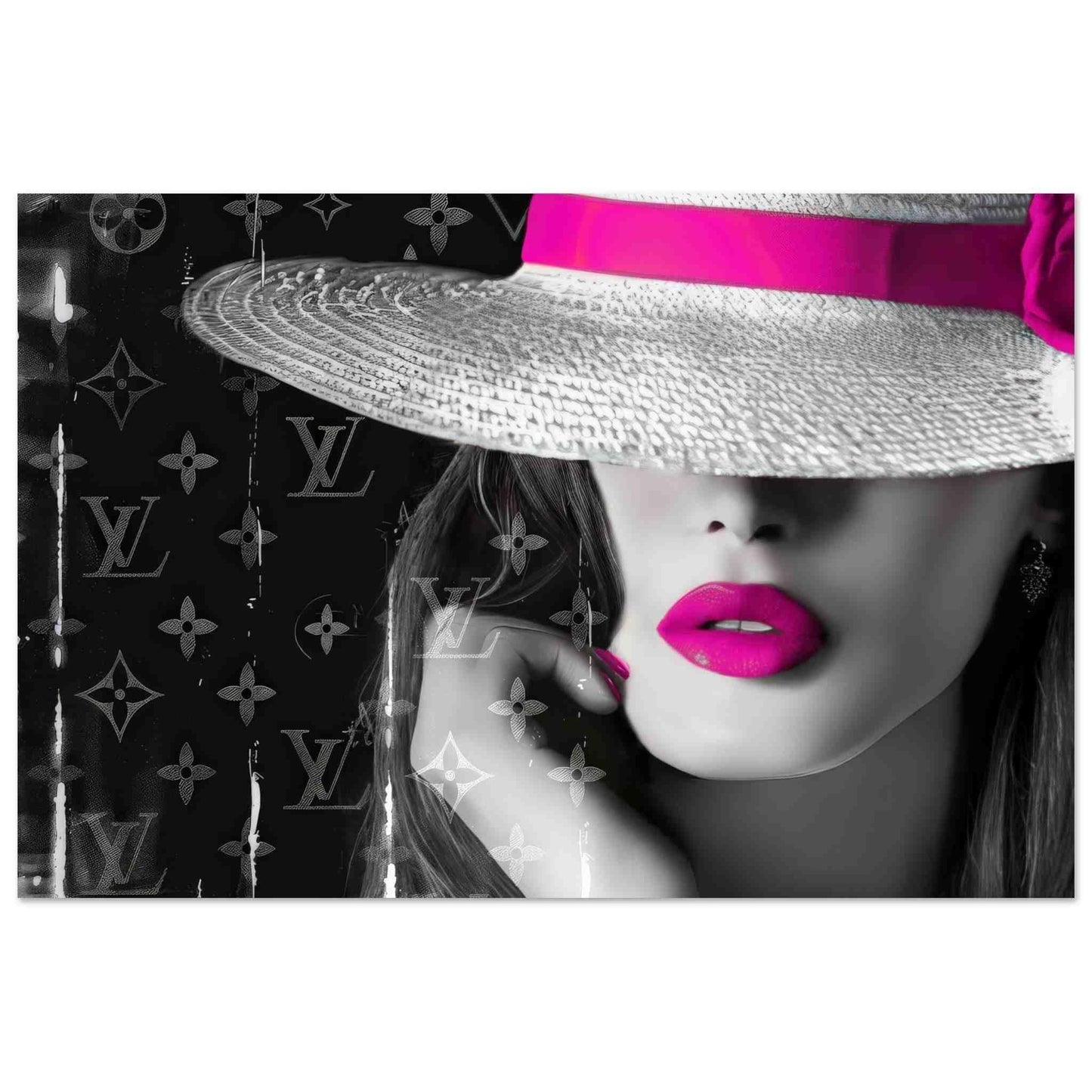 Art print of a close-up of a woman wearing a white hat with pink bow against Louis Vuitton inspired monogram background. Pink Lipped Chic in Monogram-Graphique Addictions.
