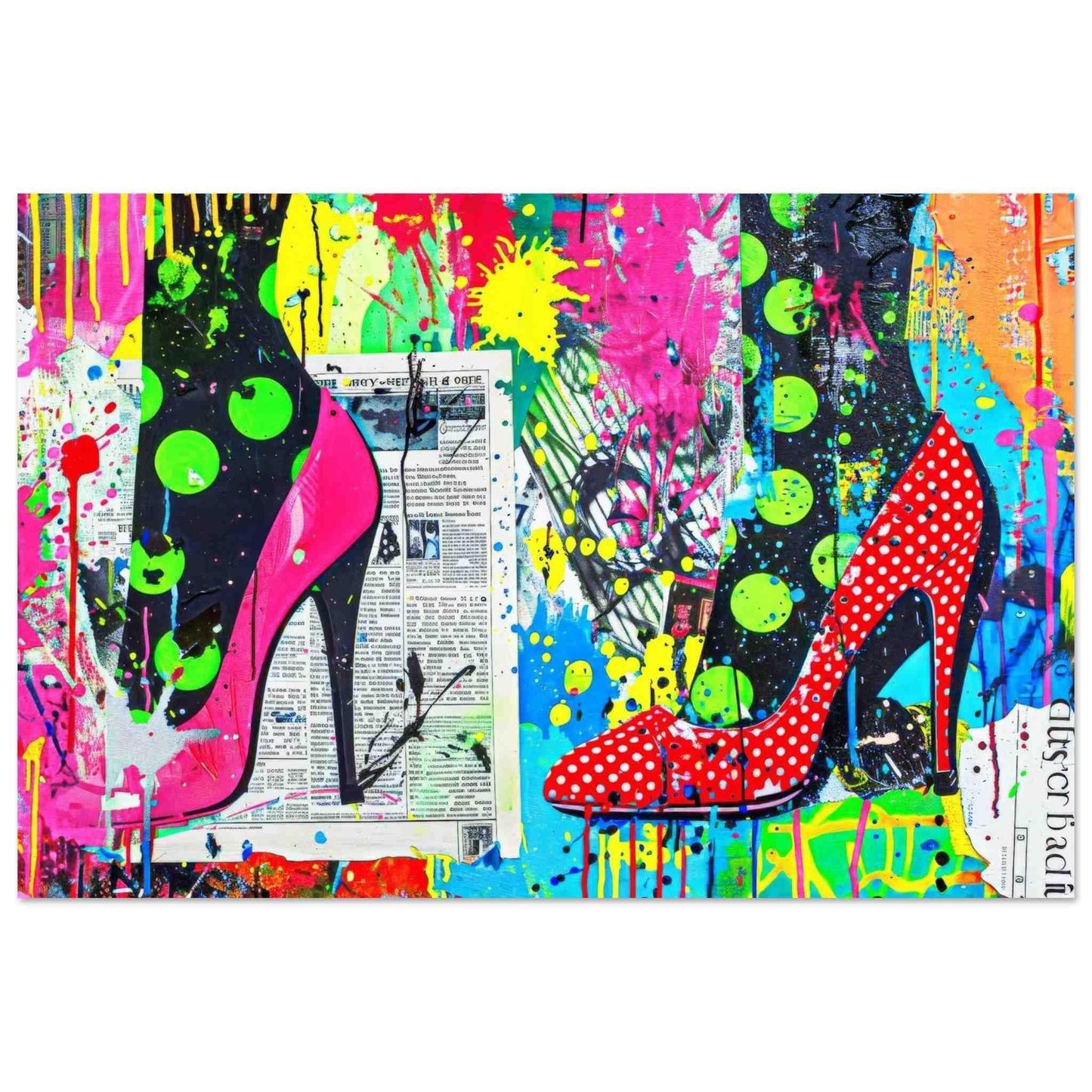 Graffiti collage featuring black leggings with green polka dots, red and pink high heels with polka dot accents, neon paint splashes, and layered newspaper textures, art print. Pop Art Pumps-Graphique Addictions.