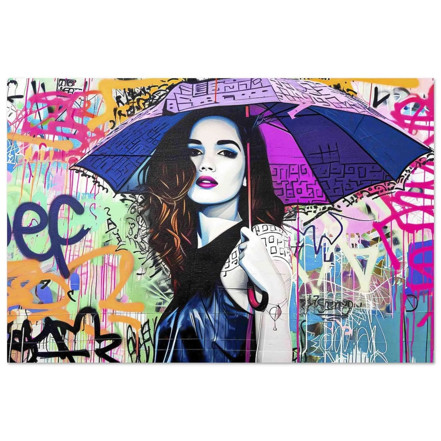 Art print of a brunette woman with long hair, holding a purple-blue colored umbrella with black graffiti accents. Rainbow Graffiti Tempest-Graphique Addictions