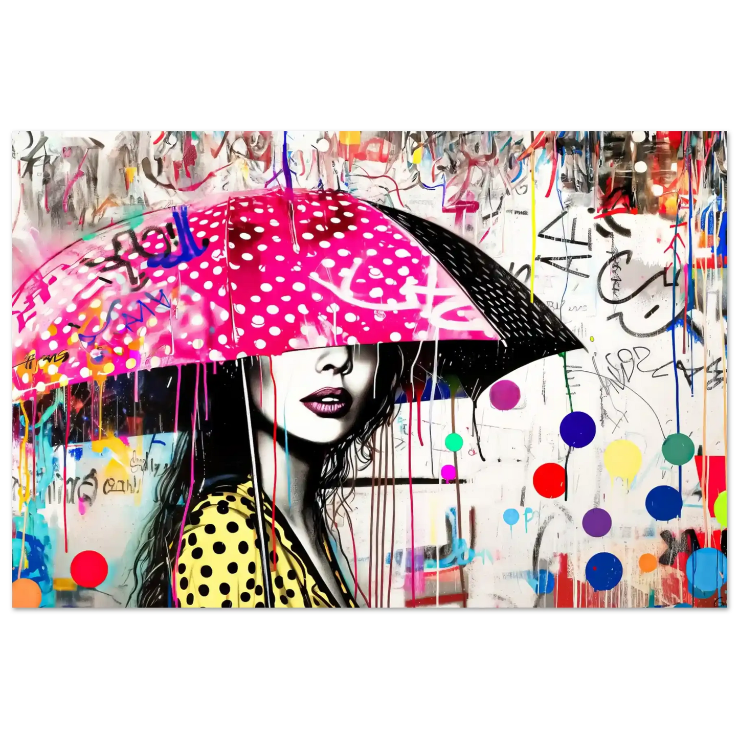Art print of woman holding a pink umbrella with white polka dots and colorful paint splashes. Street Art Storm-Graphique Addictions.