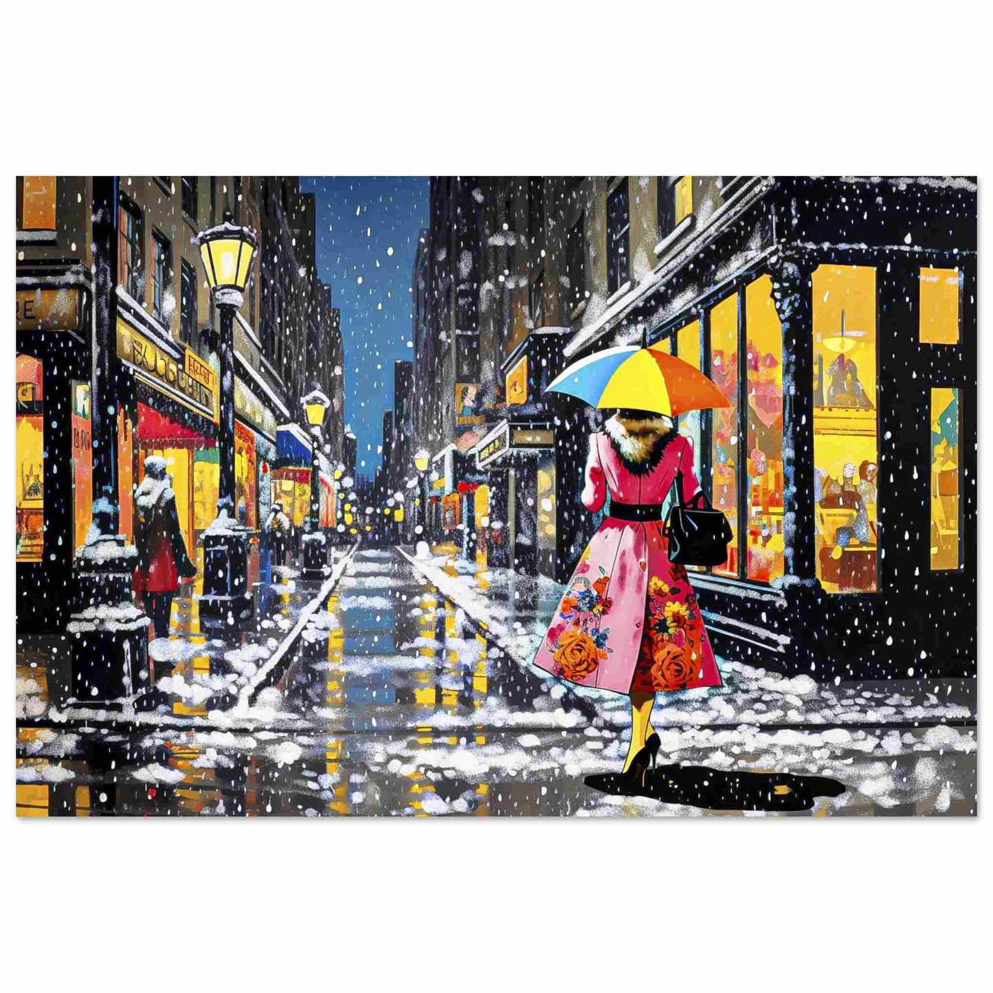 Art print of woman in pink rose dress with umbrella walks snowy Paris street, lit by yellow lights, in vibrant oil painting style. Vintage Snowflakes-Graphique Addictions