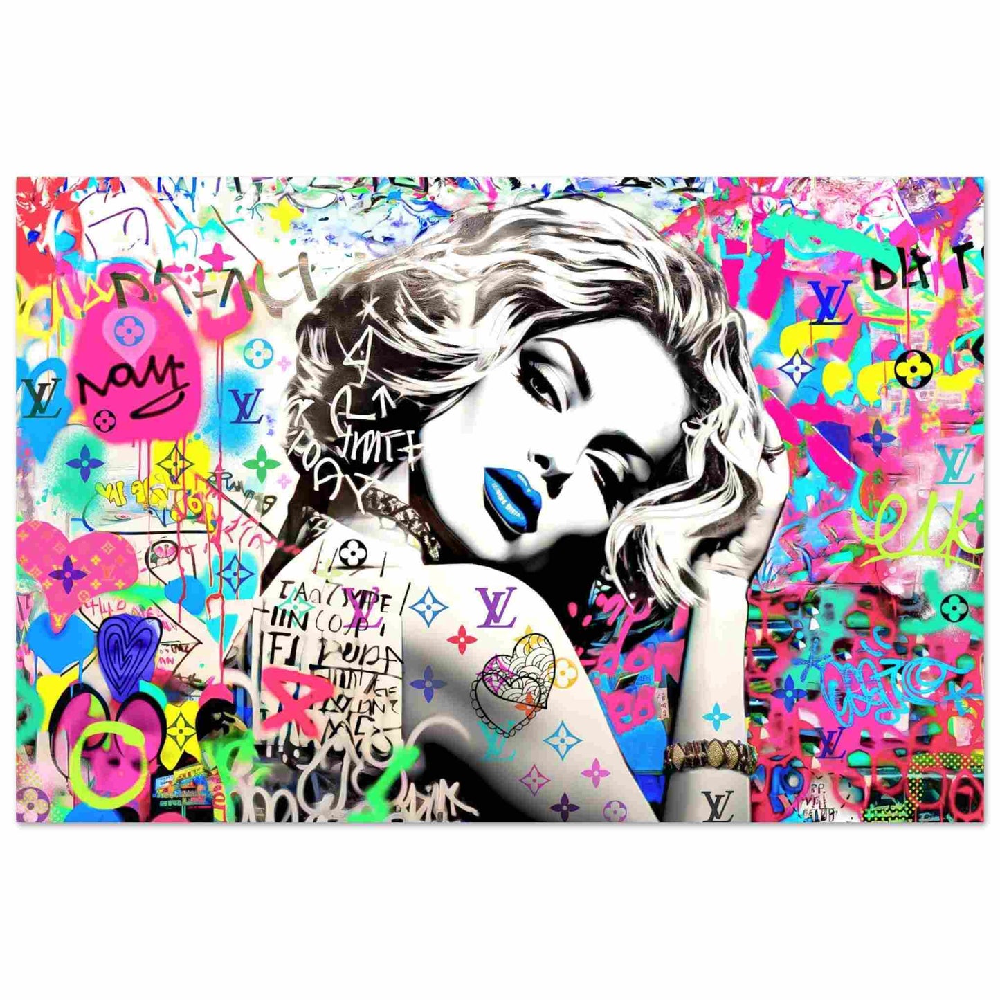 Art print of Madonna wearing blue lipstick surrounded by colorful graffiti and LV monogram tattoo on her arm. Vuitton Tattoo Vixen-Graphique Addictions